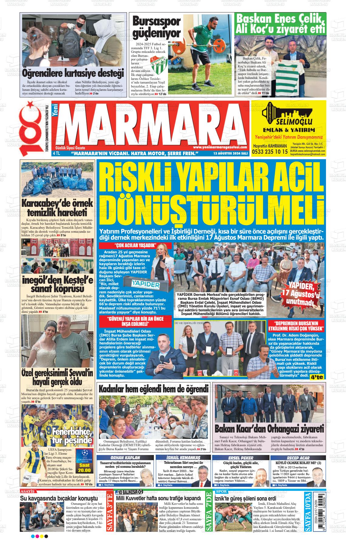 13 Ağustos 2024 Yeni Marmara Gazete Manşeti