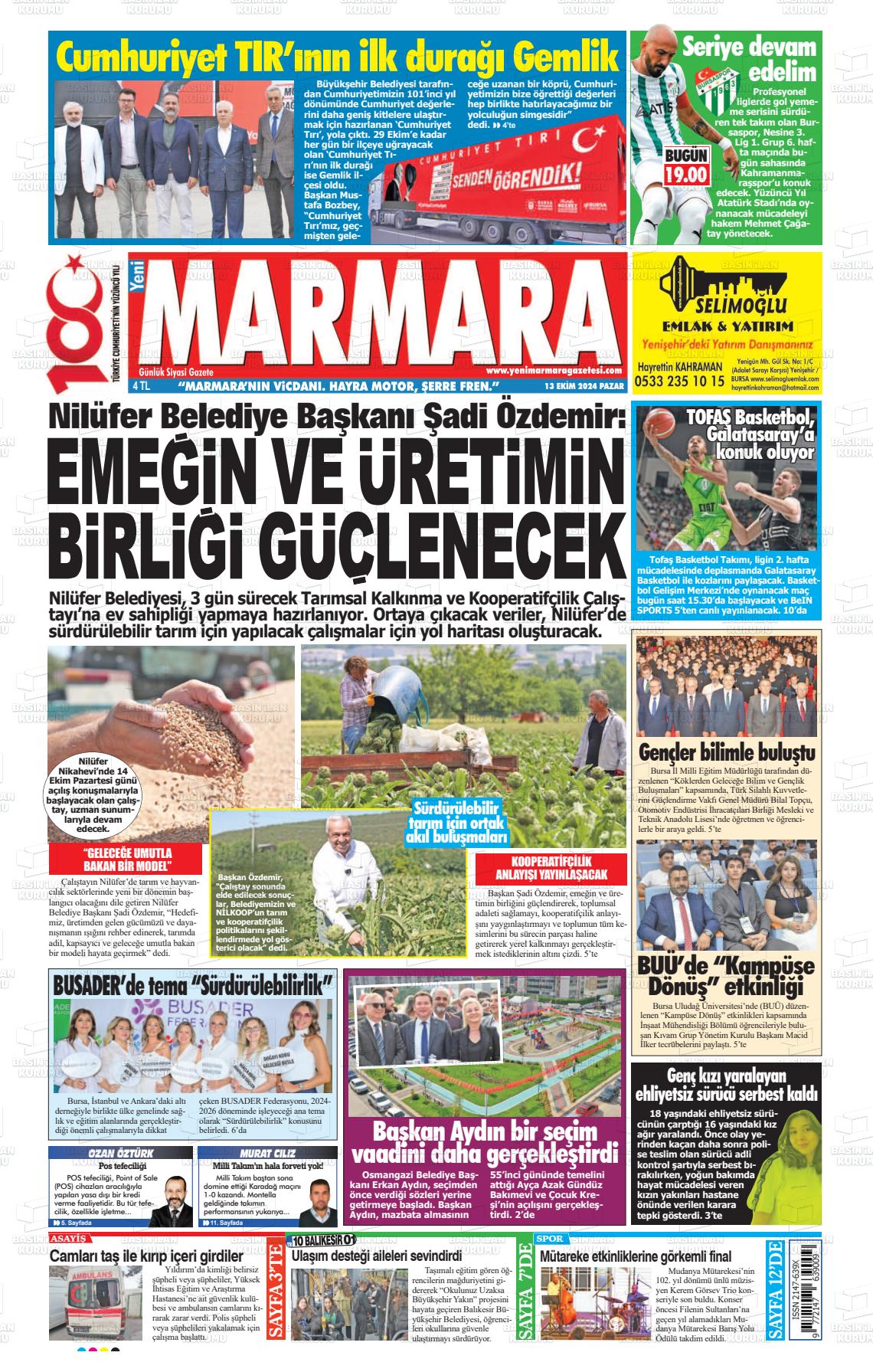 13 Ekim 2024 Yeni Marmara Gazete Manşeti