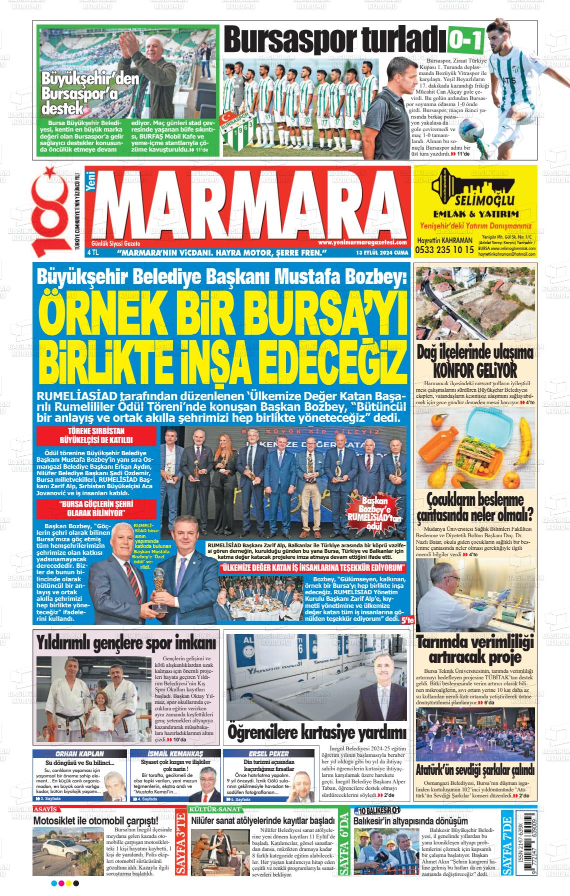 13 Eylül 2024 Yeni Marmara Gazete Manşeti