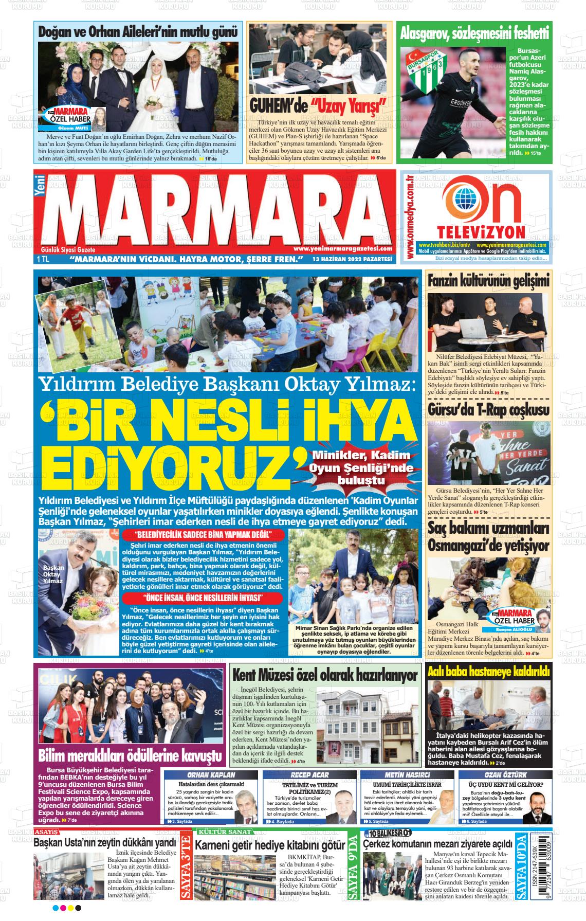 13 Haziran 2022 Yeni Marmara Gazete Manşeti