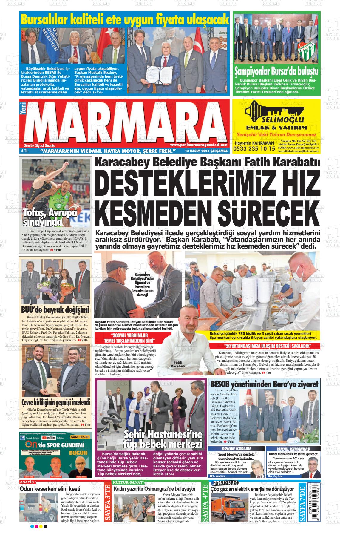 13 Kasım 2024 Yeni Marmara Gazete Manşeti