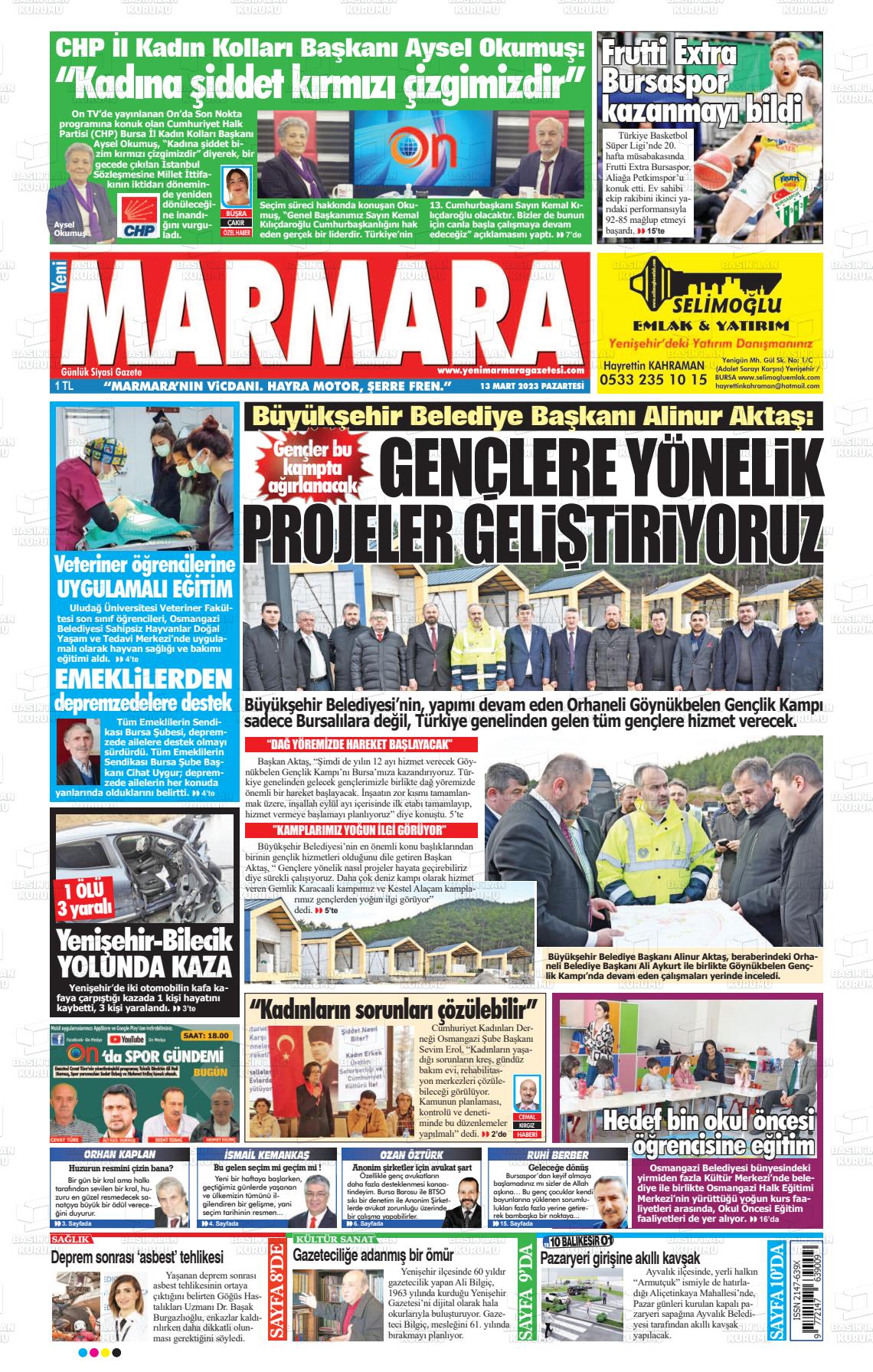 13 Mart 2023 Yeni Marmara Gazete Manşeti