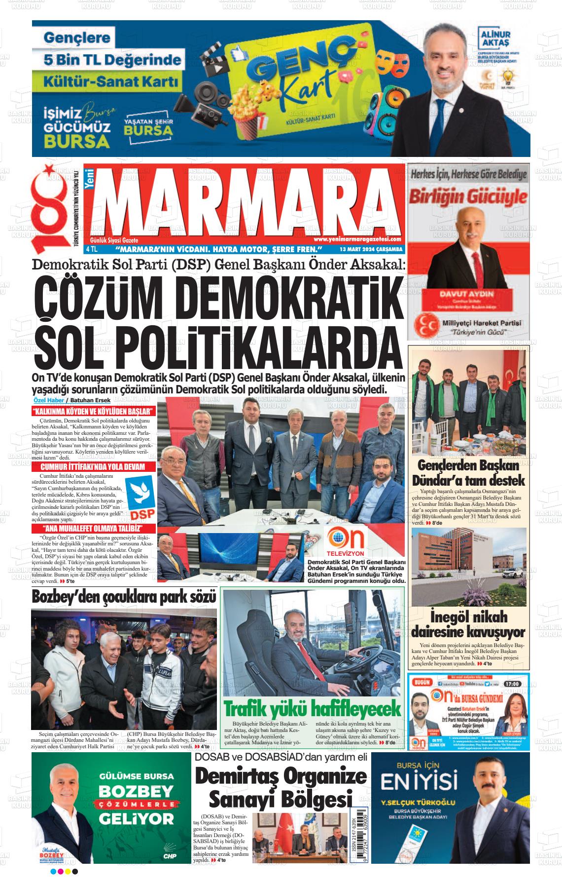 13 Mart 2024 Yeni Marmara Gazete Manşeti