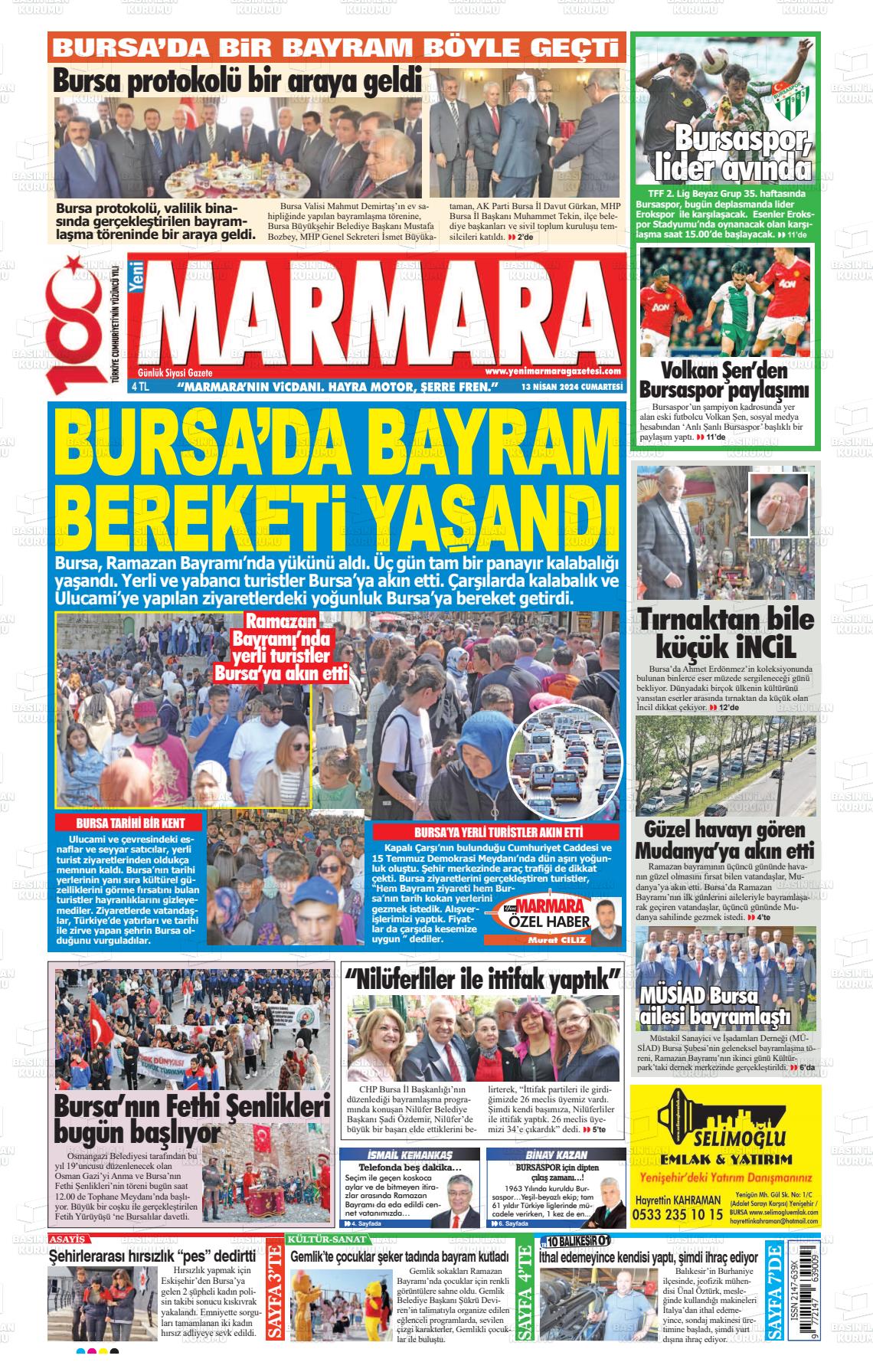 13 Nisan 2024 Yeni Marmara Gazete Manşeti