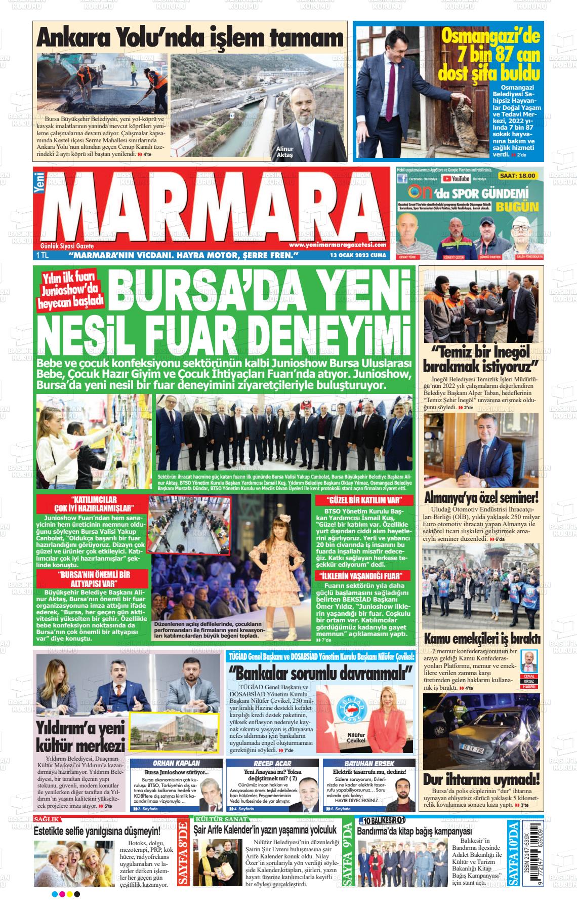 13 Ocak 2023 Yeni Marmara Gazete Manşeti