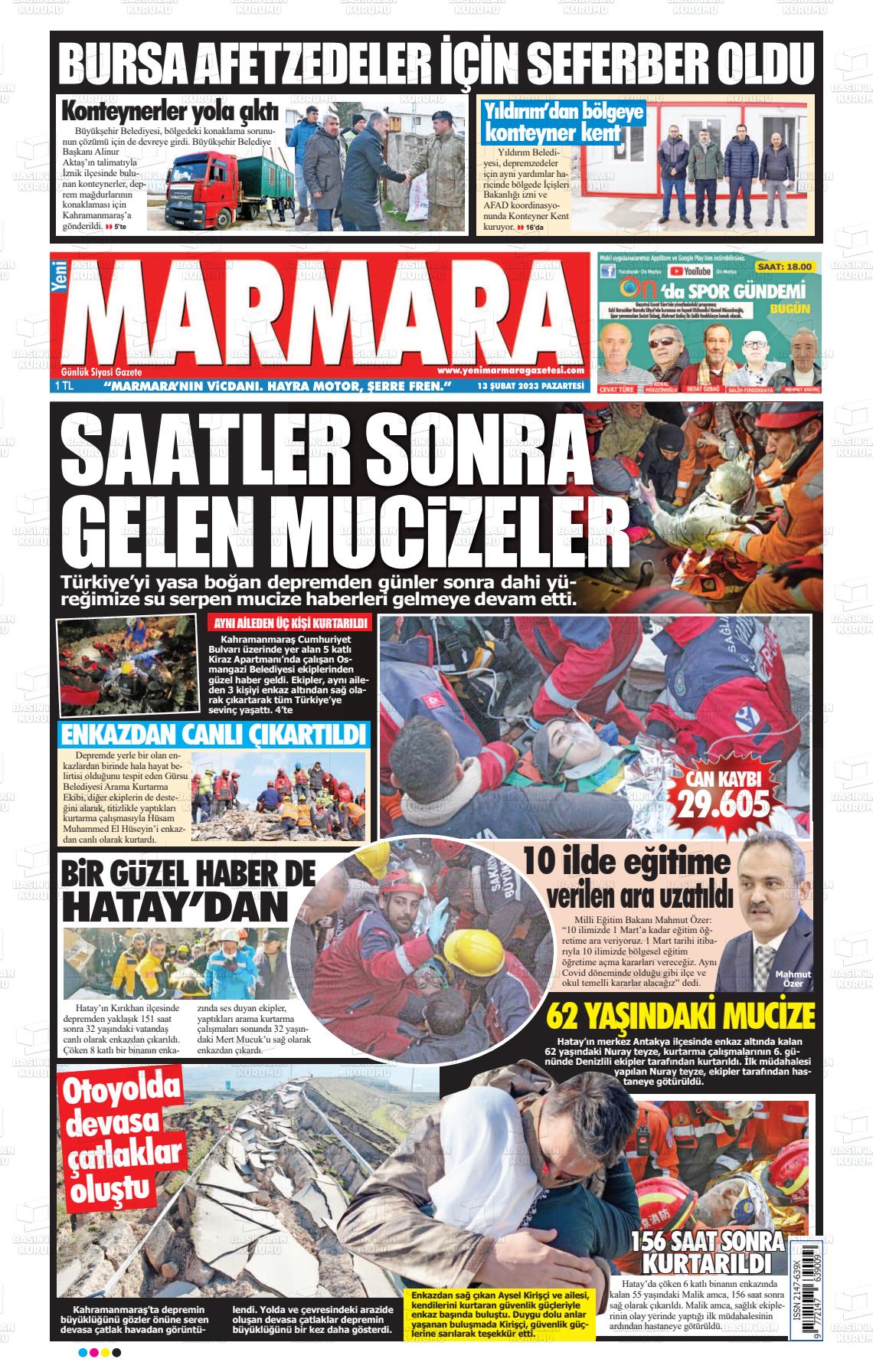 13 Şubat 2023 Yeni Marmara Gazete Manşeti