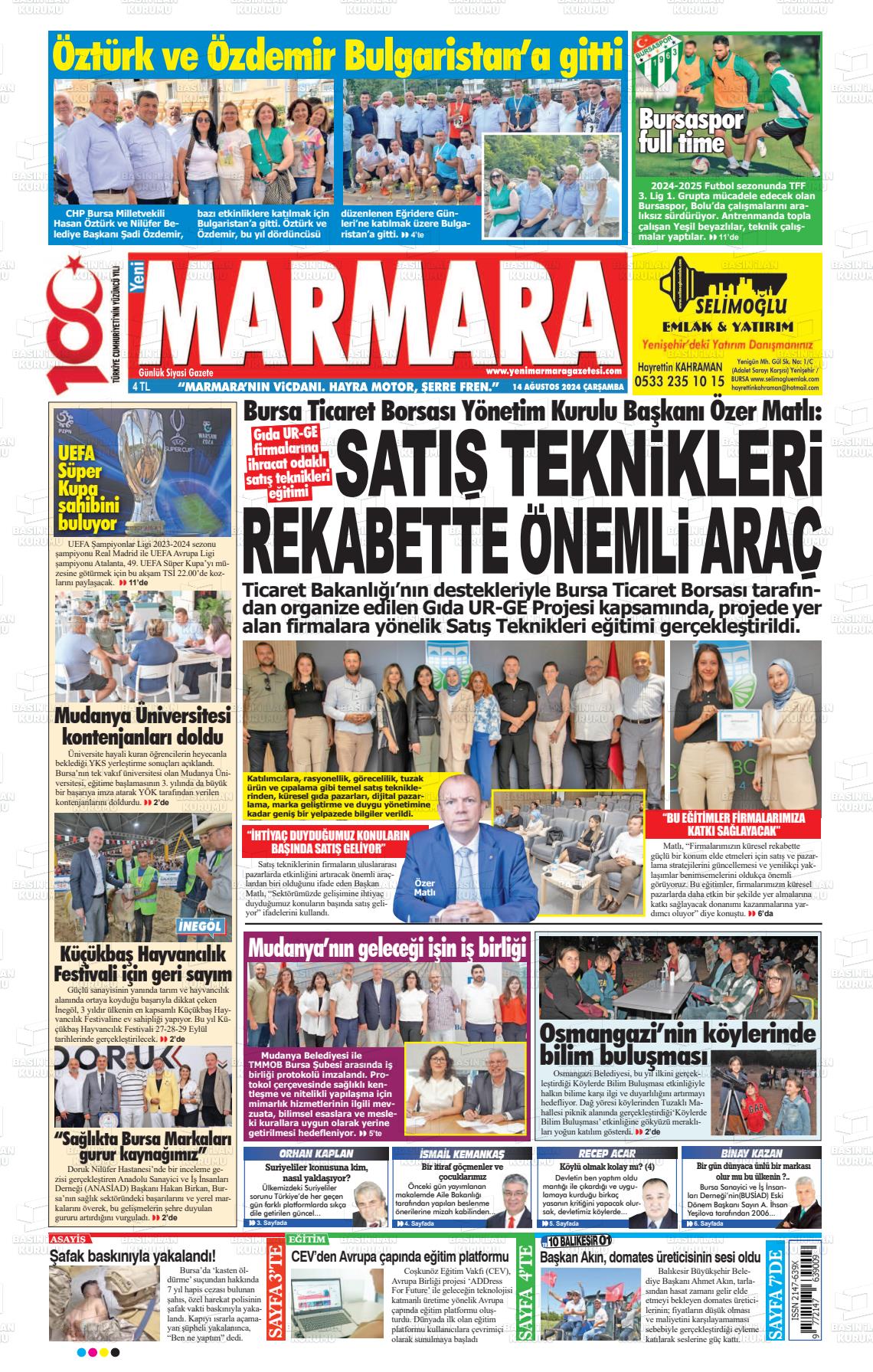 14 Ağustos 2024 Yeni Marmara Gazete Manşeti