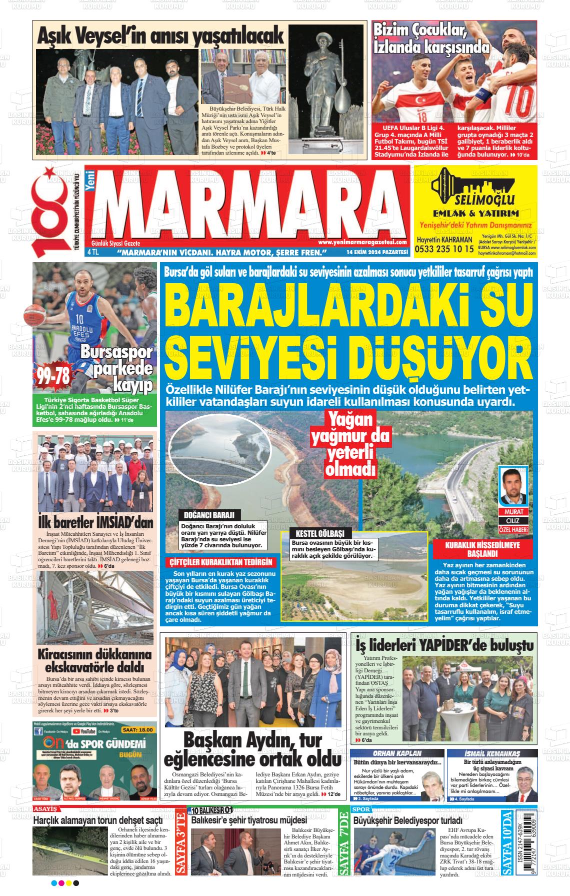 14 Ekim 2024 Yeni Marmara Gazete Manşeti