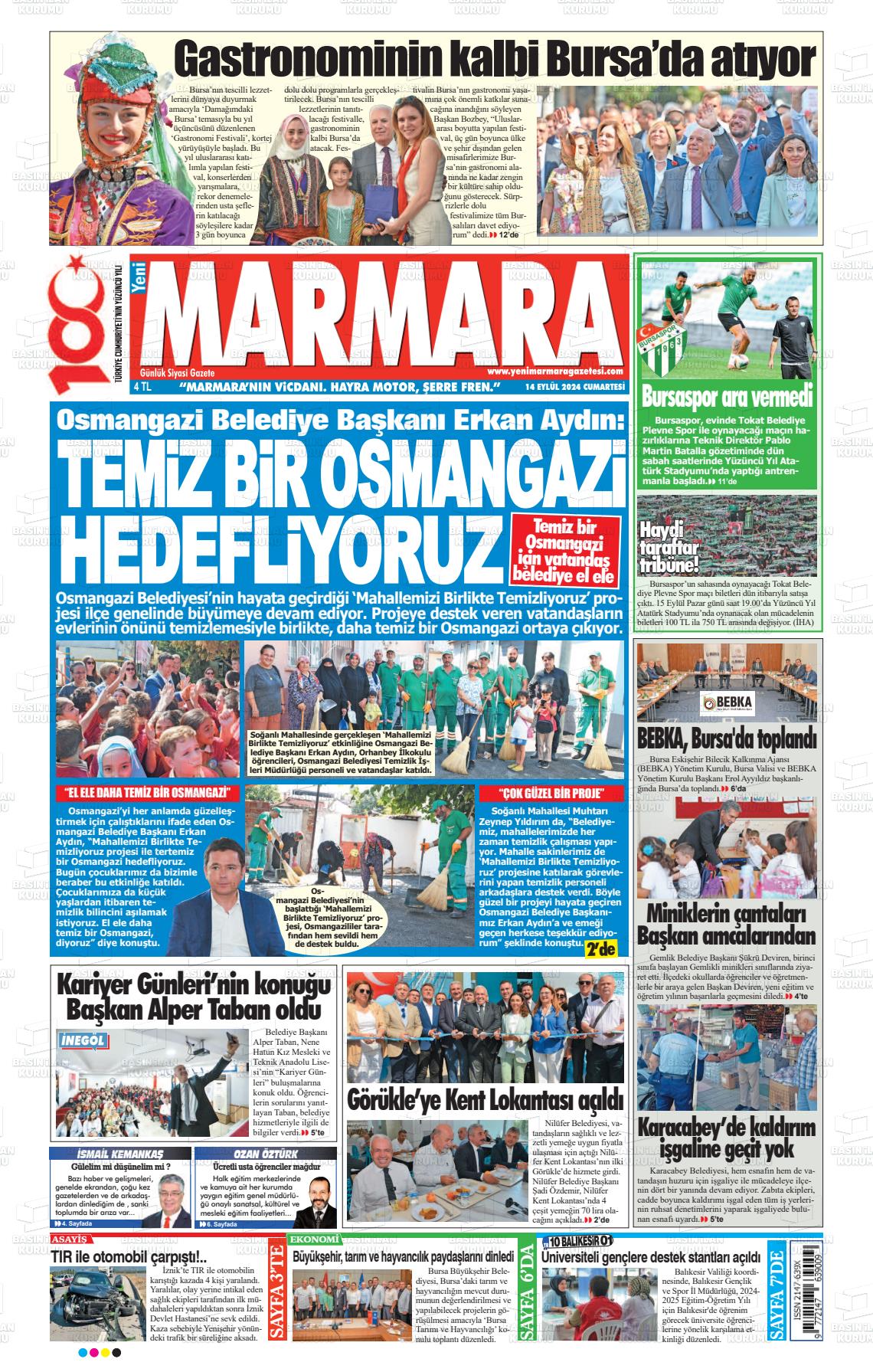 14 Eylül 2024 Yeni Marmara Gazete Manşeti