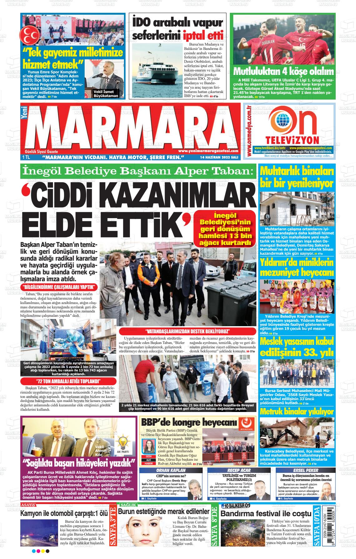 14 Haziran 2022 Yeni Marmara Gazete Manşeti