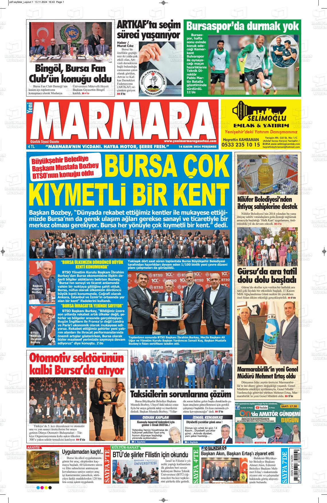 14 Kasım 2024 Yeni Marmara Gazete Manşeti