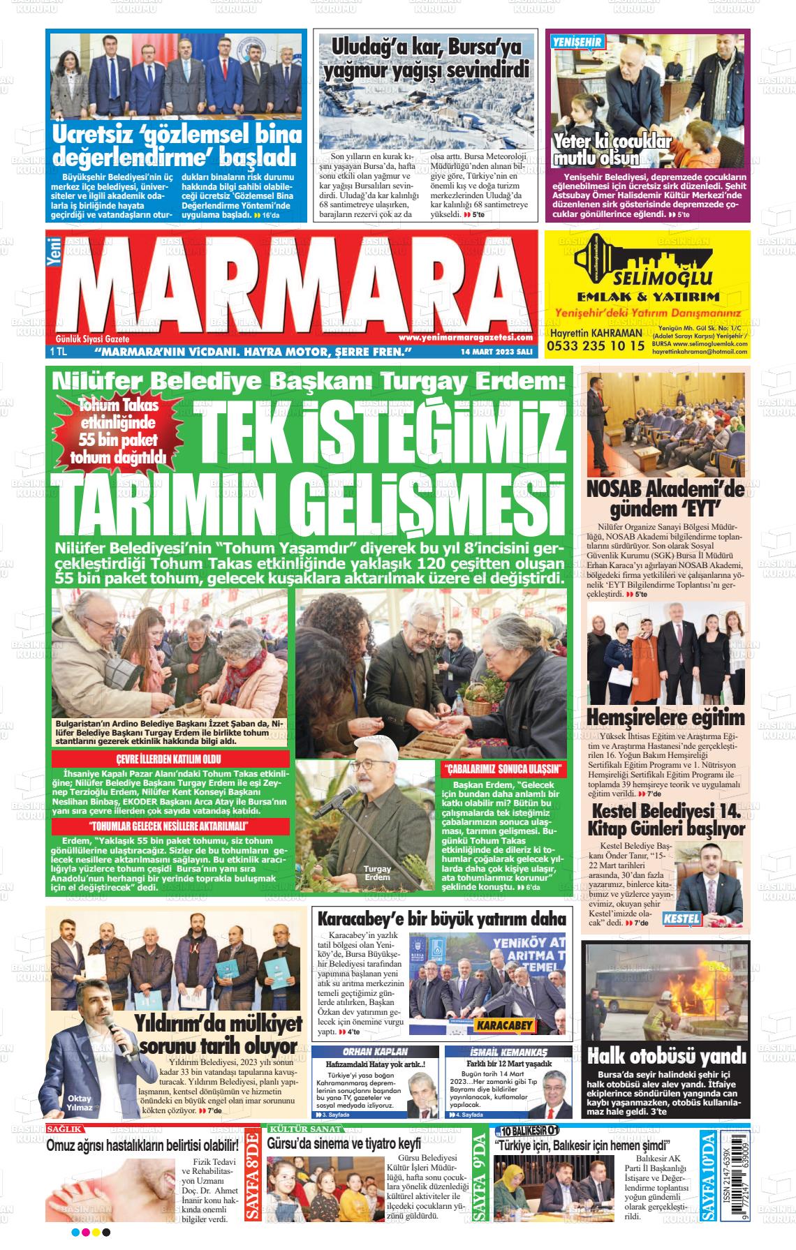 14 Mart 2023 Yeni Marmara Gazete Manşeti