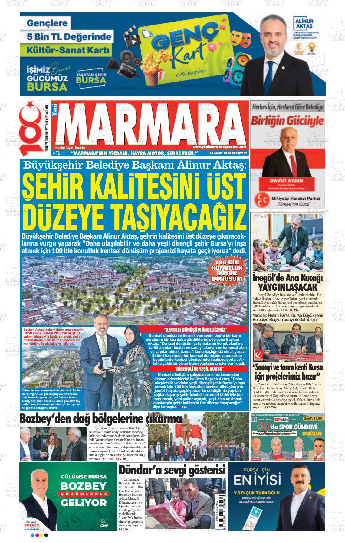 14 Mart 2024 Yeni Marmara Gazete Manşeti