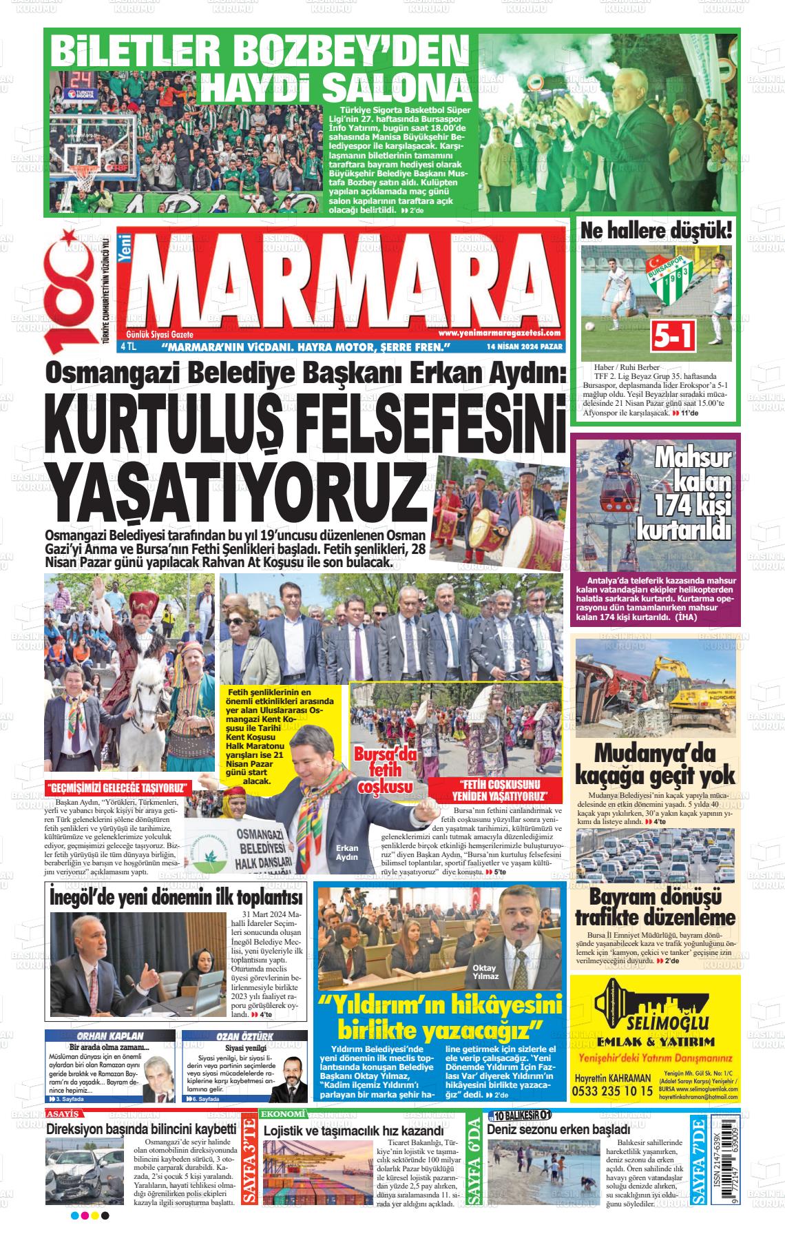 14 Nisan 2024 Yeni Marmara Gazete Manşeti