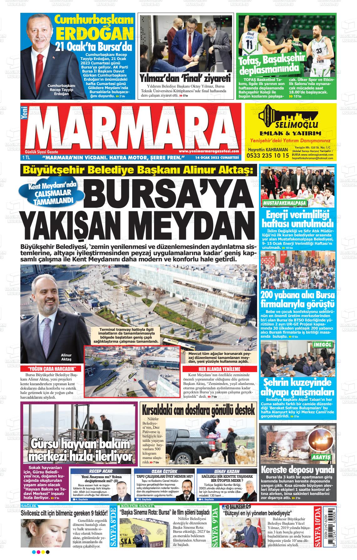 14 Ocak 2023 Yeni Marmara Gazete Manşeti