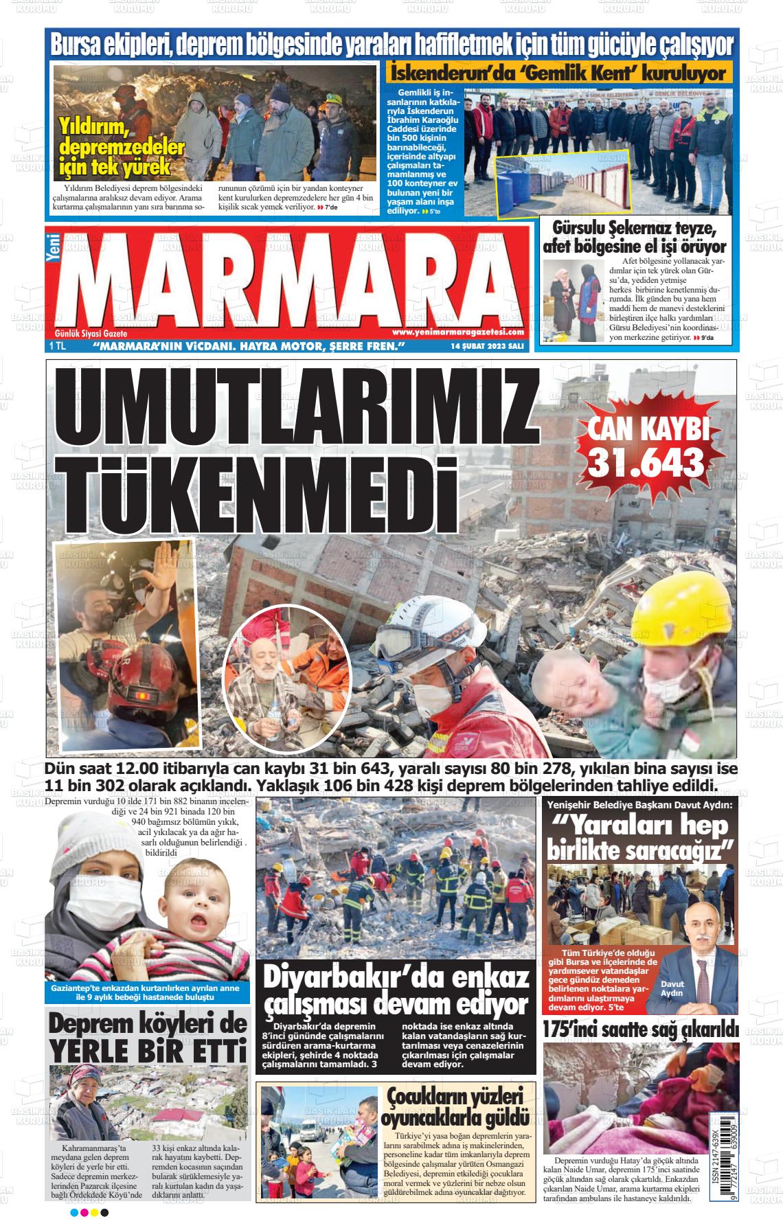 14 Şubat 2023 Yeni Marmara Gazete Manşeti