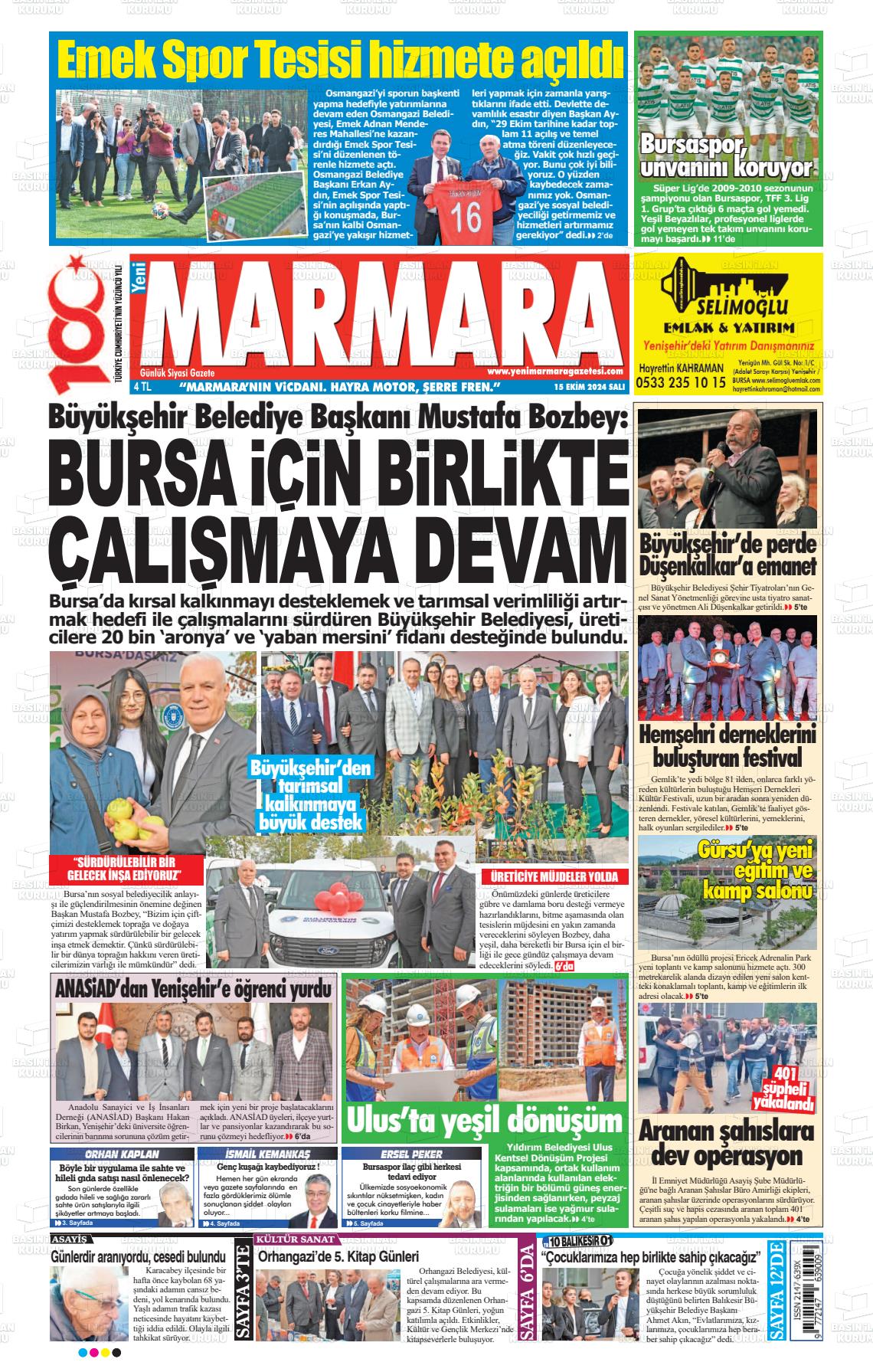 15 Ekim 2024 Yeni Marmara Gazete Manşeti