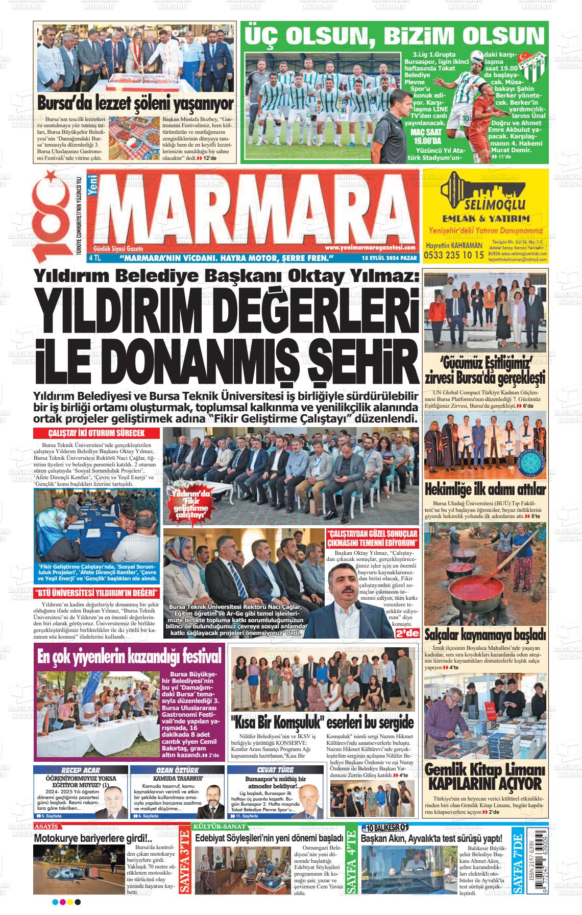 15 Eylül 2024 Yeni Marmara Gazete Manşeti