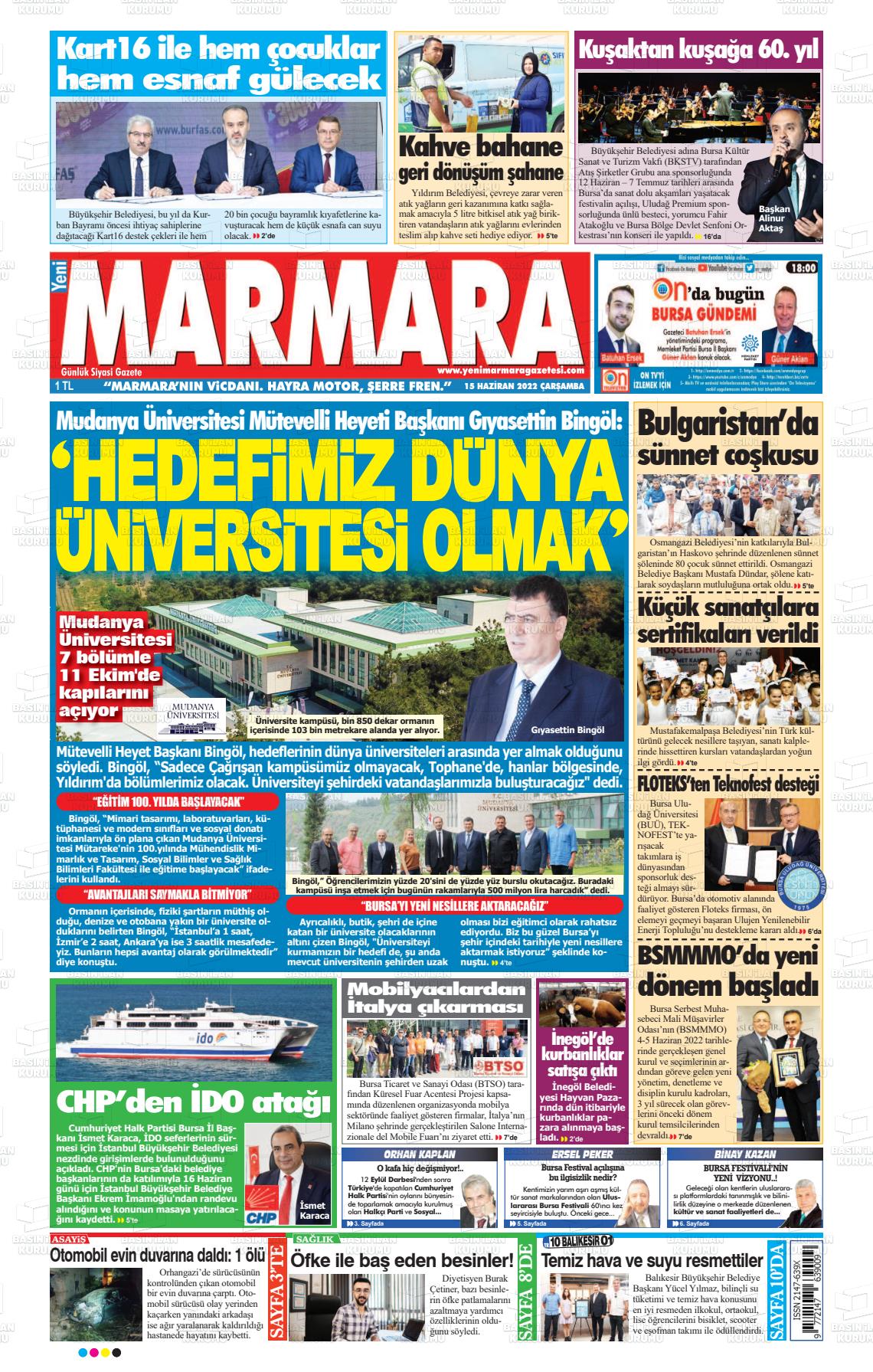 15 Haziran 2022 Yeni Marmara Gazete Manşeti