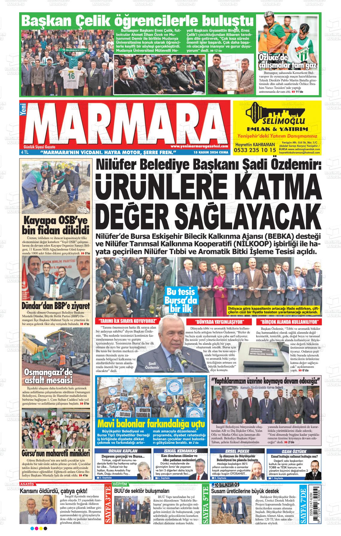 15 Kasım 2024 Yeni Marmara Gazete Manşeti