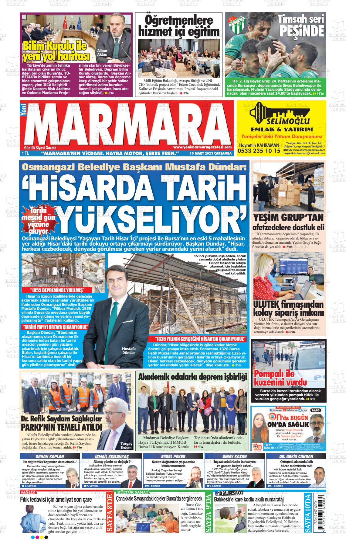 15 Mart 2023 Yeni Marmara Gazete Manşeti