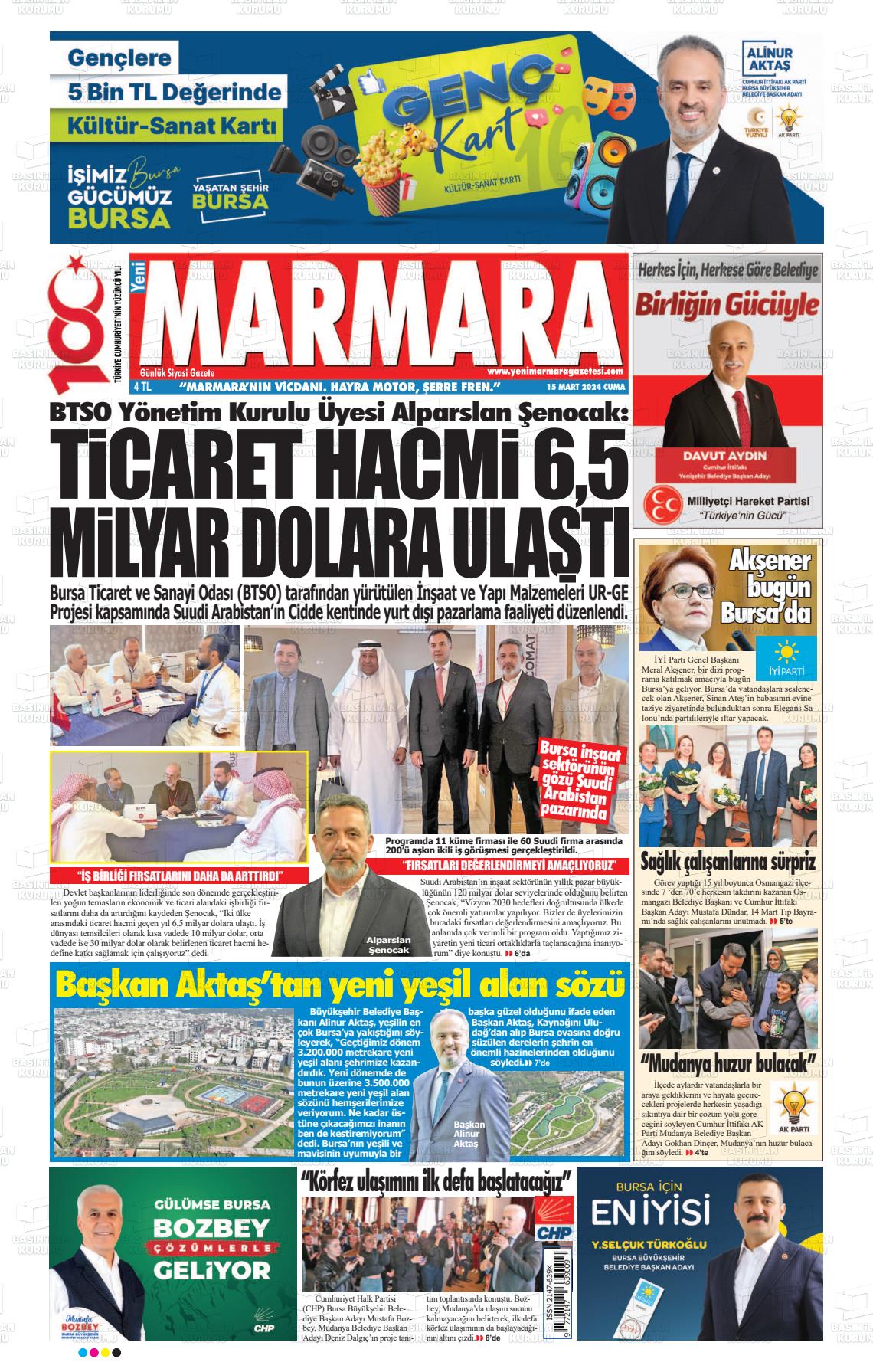 15 Mart 2024 Yeni Marmara Gazete Manşeti