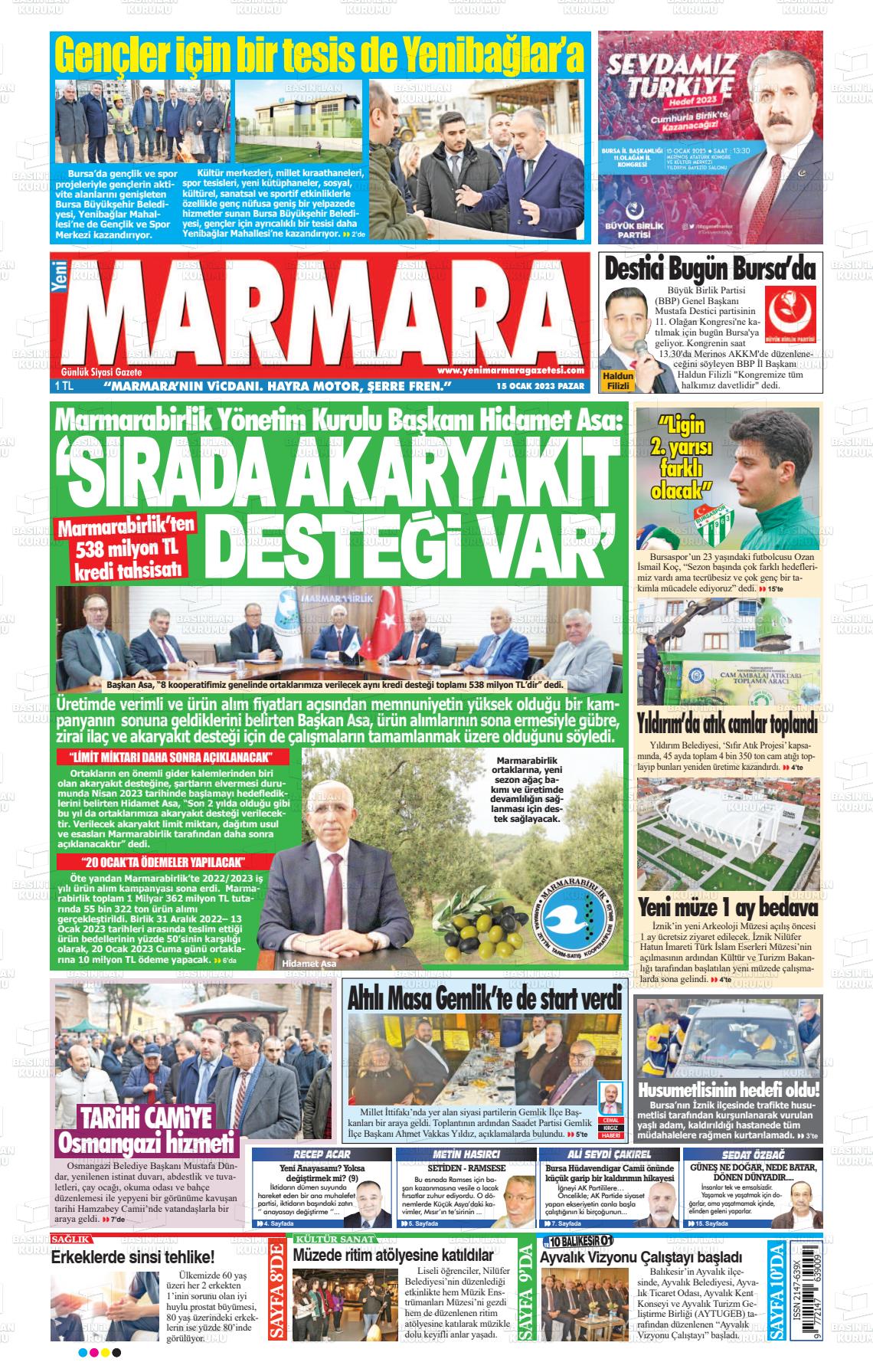 15 Ocak 2023 Yeni Marmara Gazete Manşeti