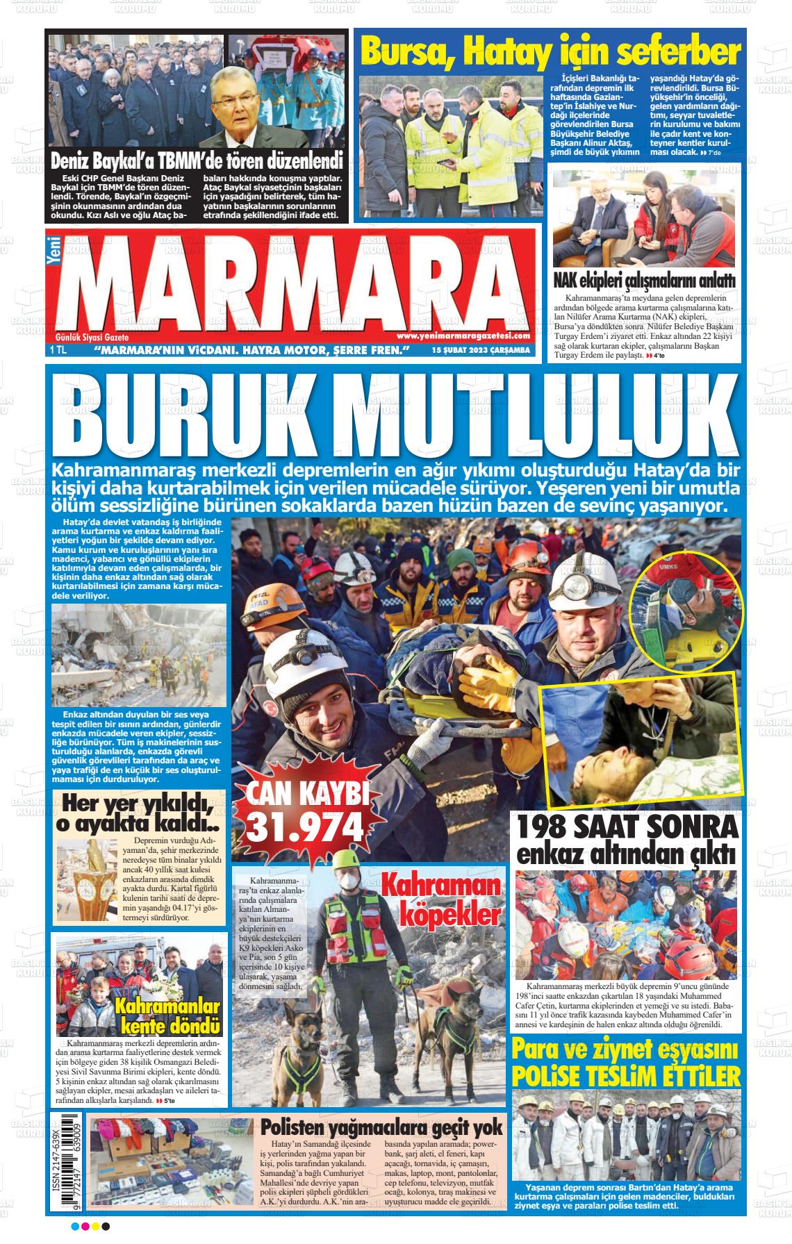 15 Şubat 2023 Yeni Marmara Gazete Manşeti