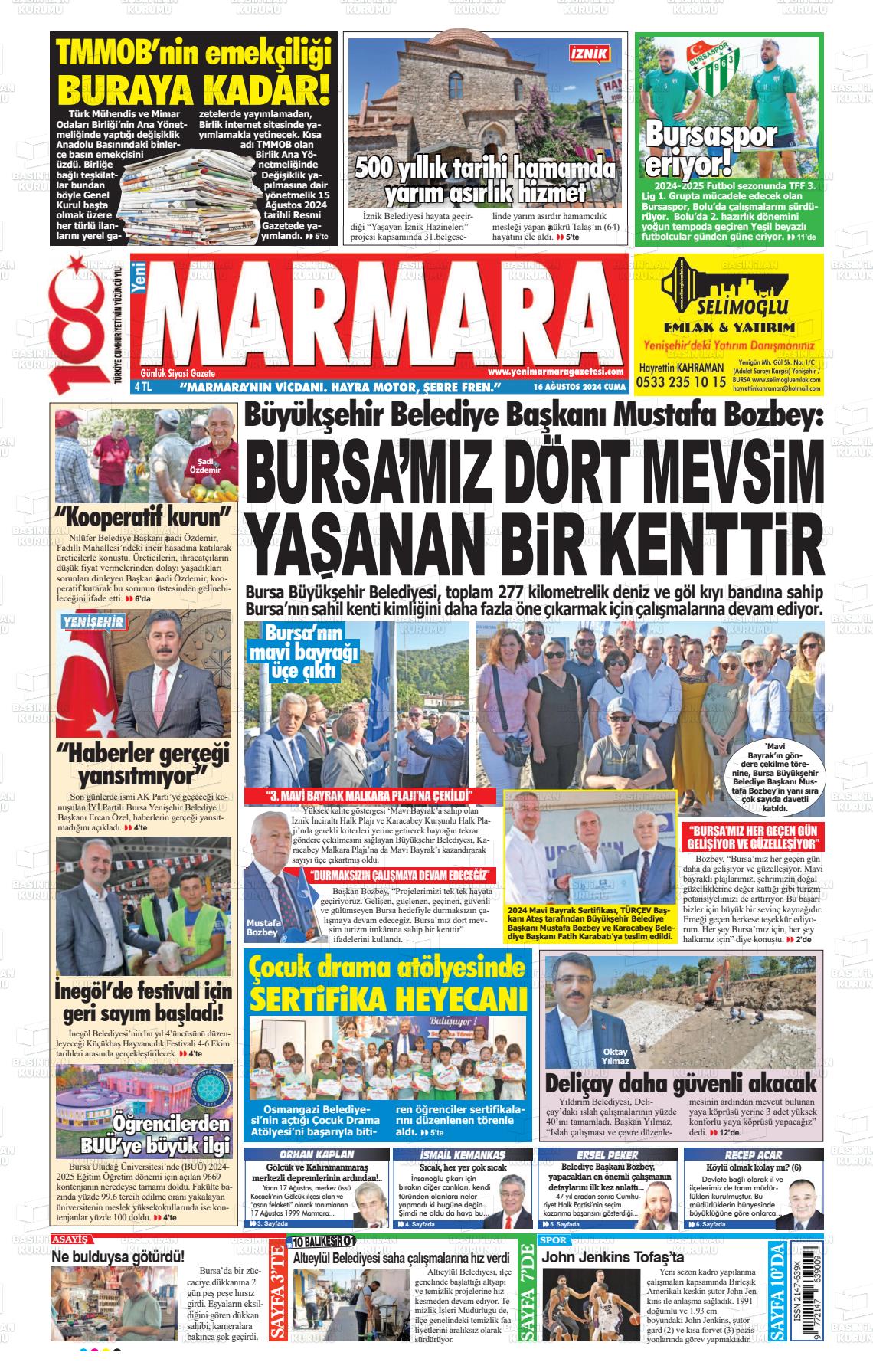 16 Ağustos 2024 Yeni Marmara Gazete Manşeti