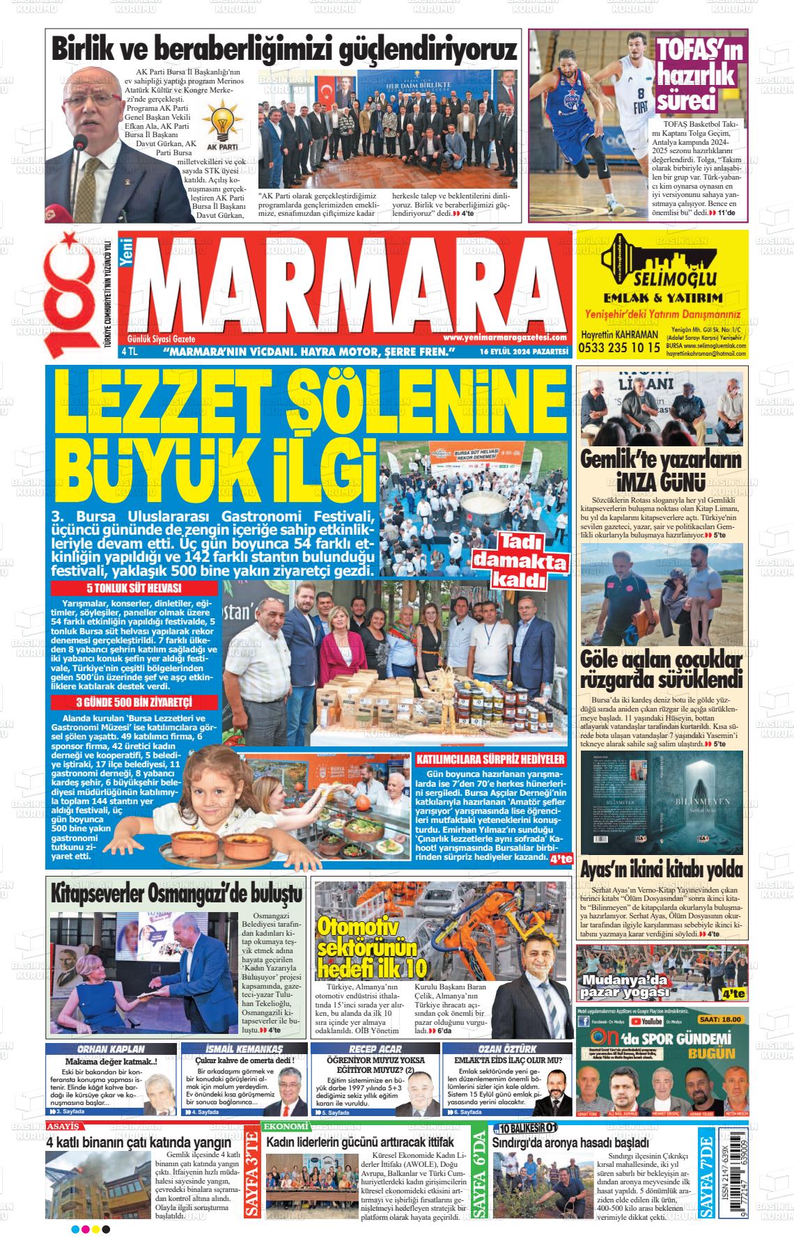 16 Eylül 2024 Yeni Marmara Gazete Manşeti