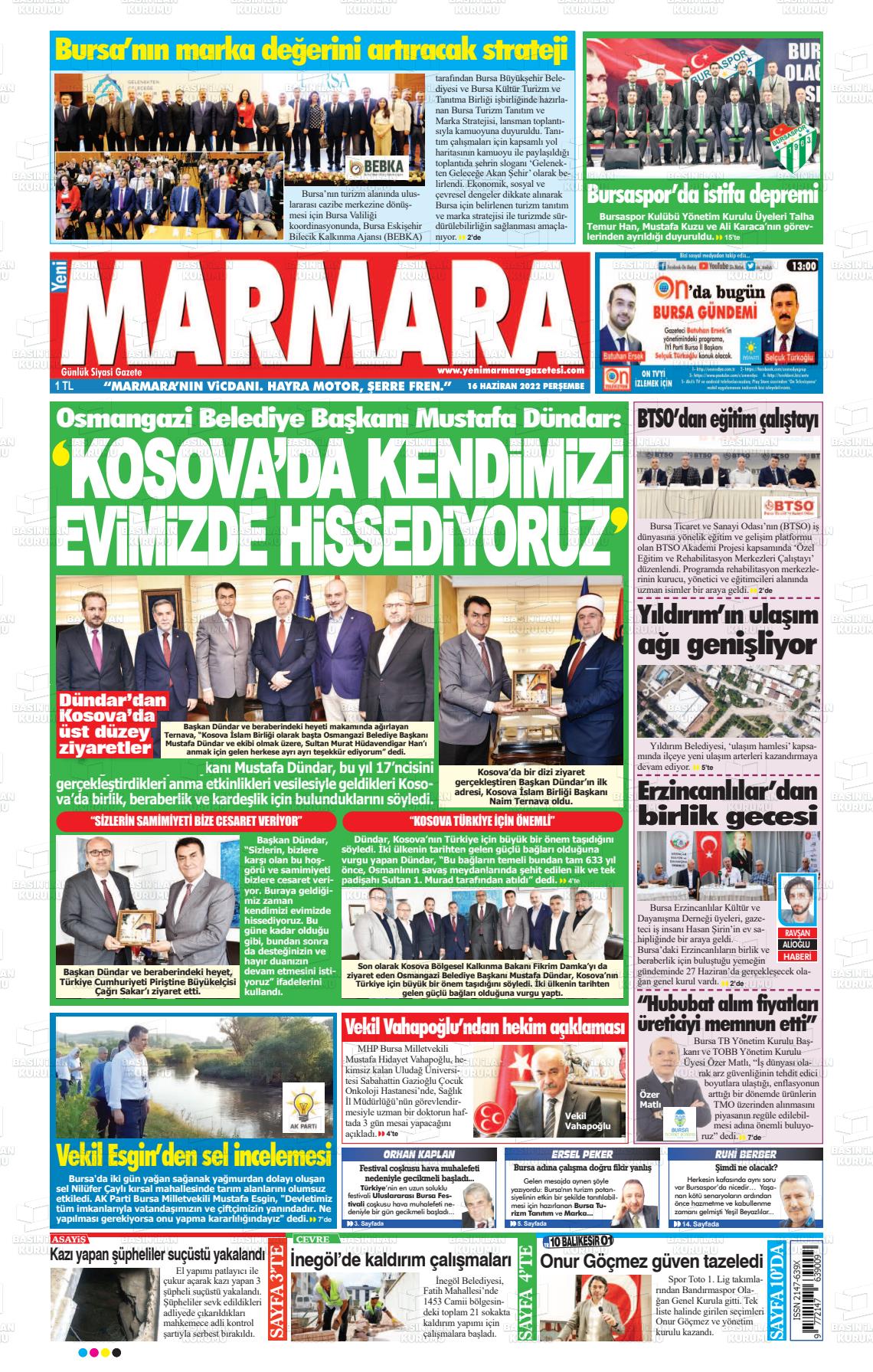 16 Haziran 2022 Yeni Marmara Gazete Manşeti