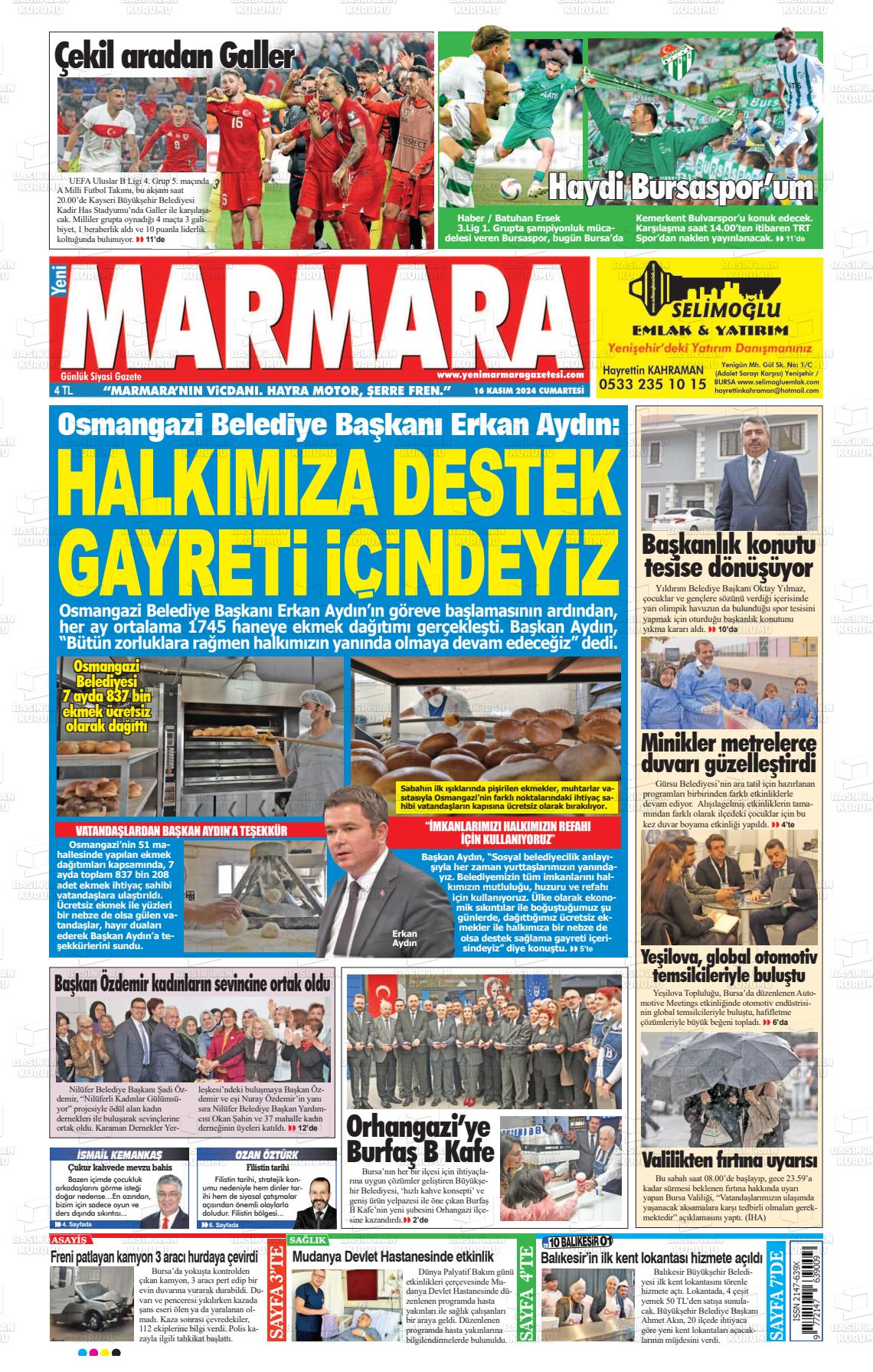 16 Kasım 2024 Yeni Marmara Gazete Manşeti