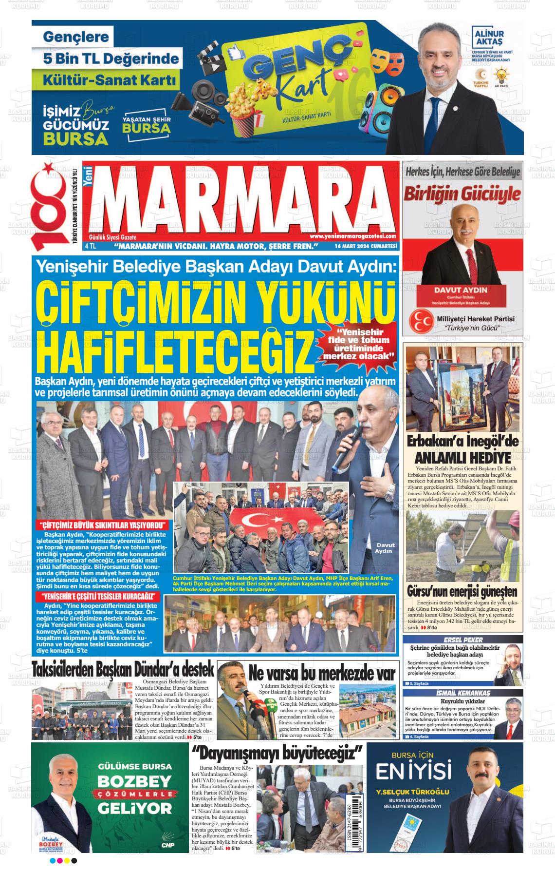 16 Mart 2024 Yeni Marmara Gazete Manşeti