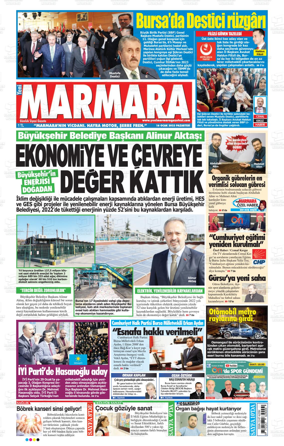 16 Ocak 2023 Yeni Marmara Gazete Manşeti