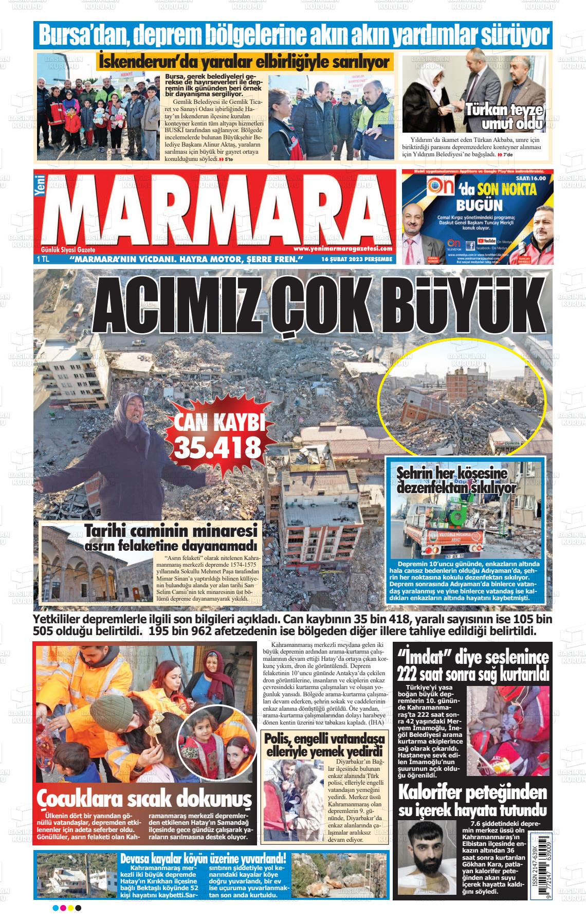 16 Şubat 2023 Yeni Marmara Gazete Manşeti