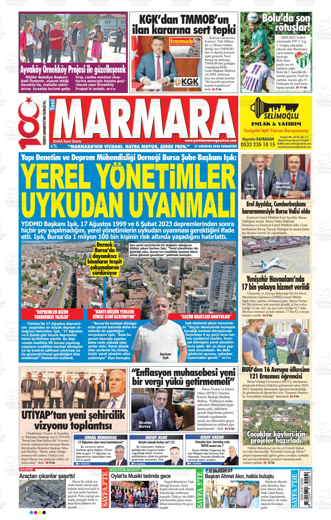 17 Ağustos 2024 Yeni Marmara Gazete Manşeti