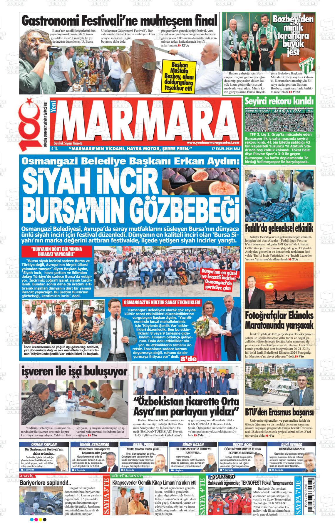 17 Eylül 2024 Yeni Marmara Gazete Manşeti