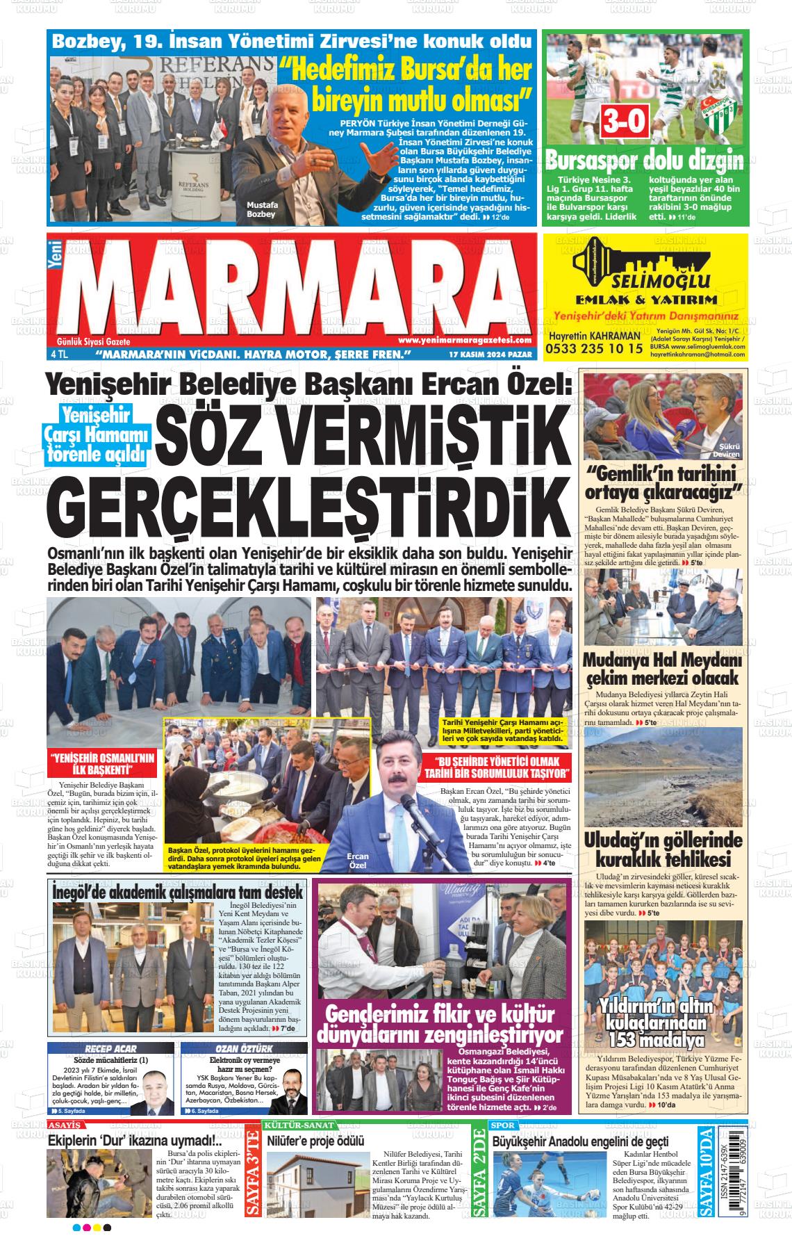 17 Kasım 2024 Yeni Marmara Gazete Manşeti