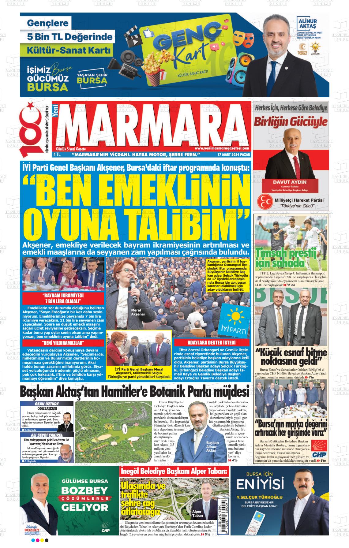 17 Mart 2024 Yeni Marmara Gazete Manşeti