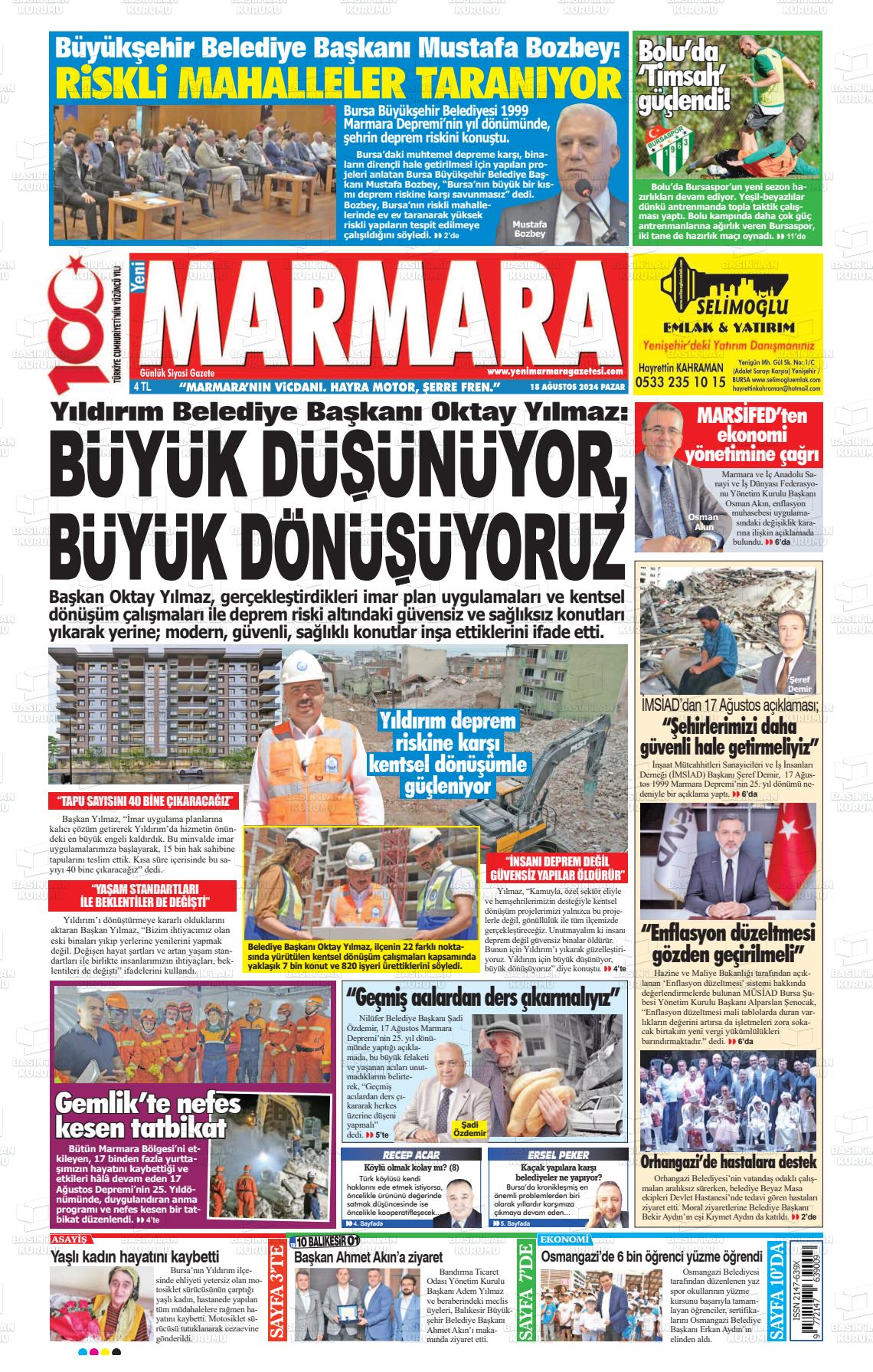 18 Ağustos 2024 Yeni Marmara Gazete Manşeti