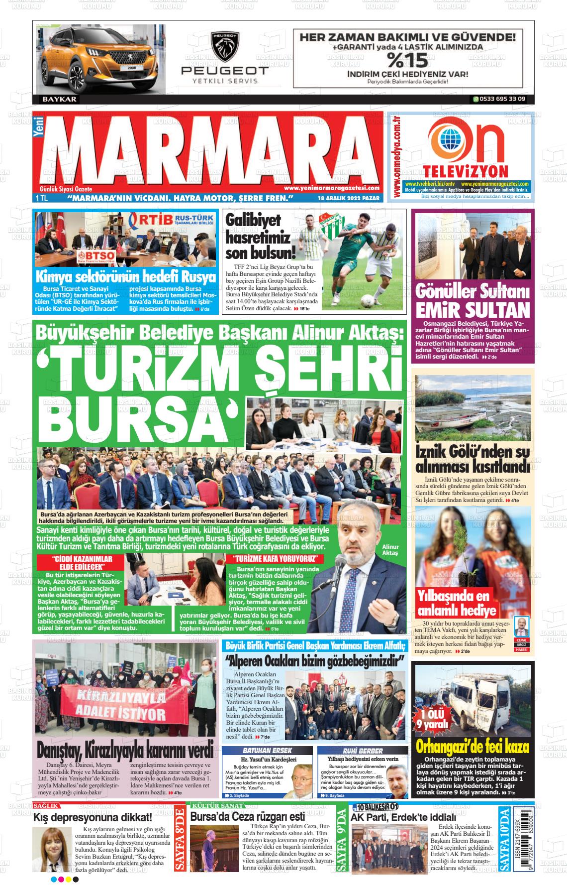 18 Aralık 2022 Yeni Marmara Gazete Manşeti