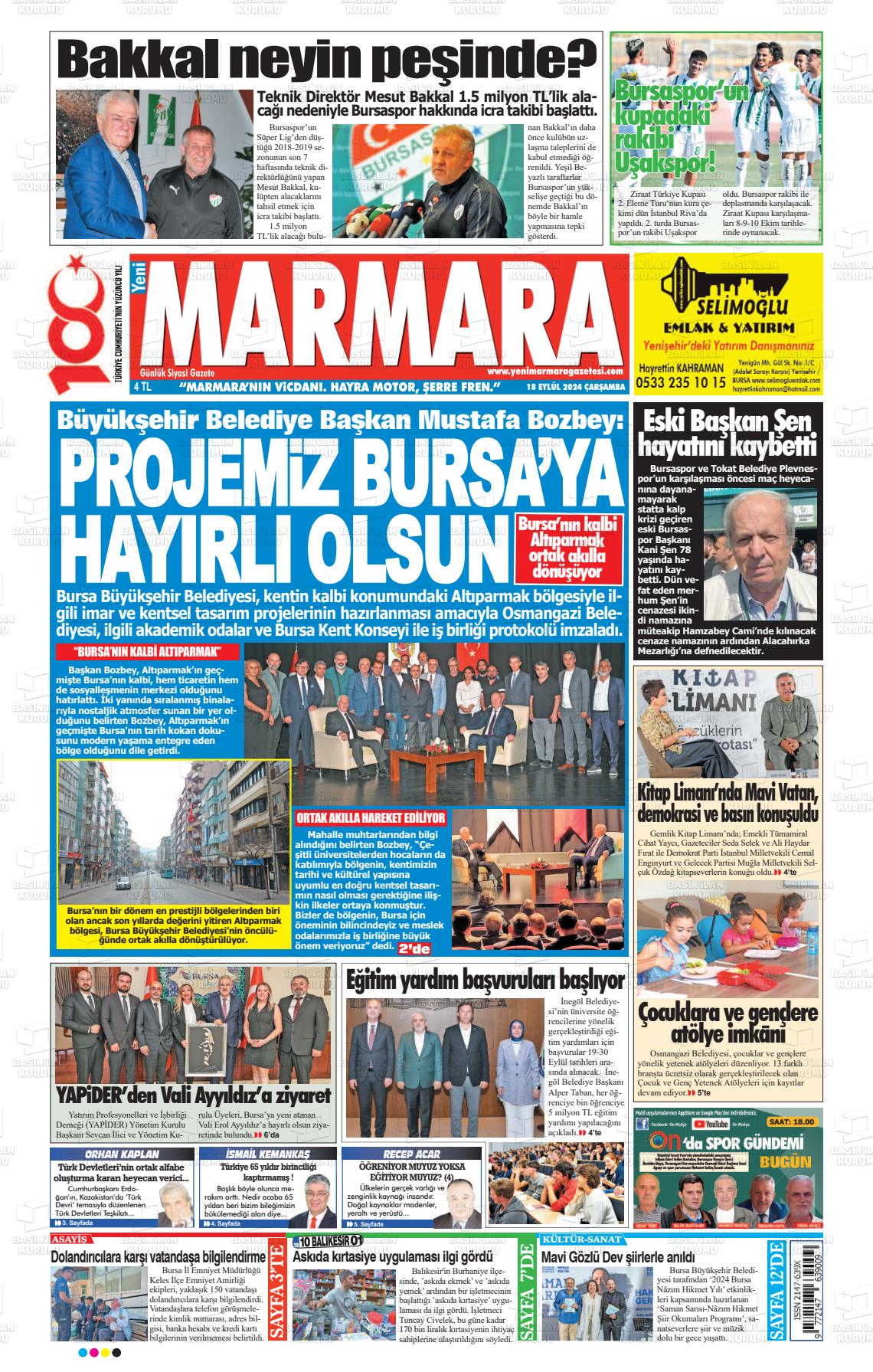 18 Eylül 2024 Yeni Marmara Gazete Manşeti