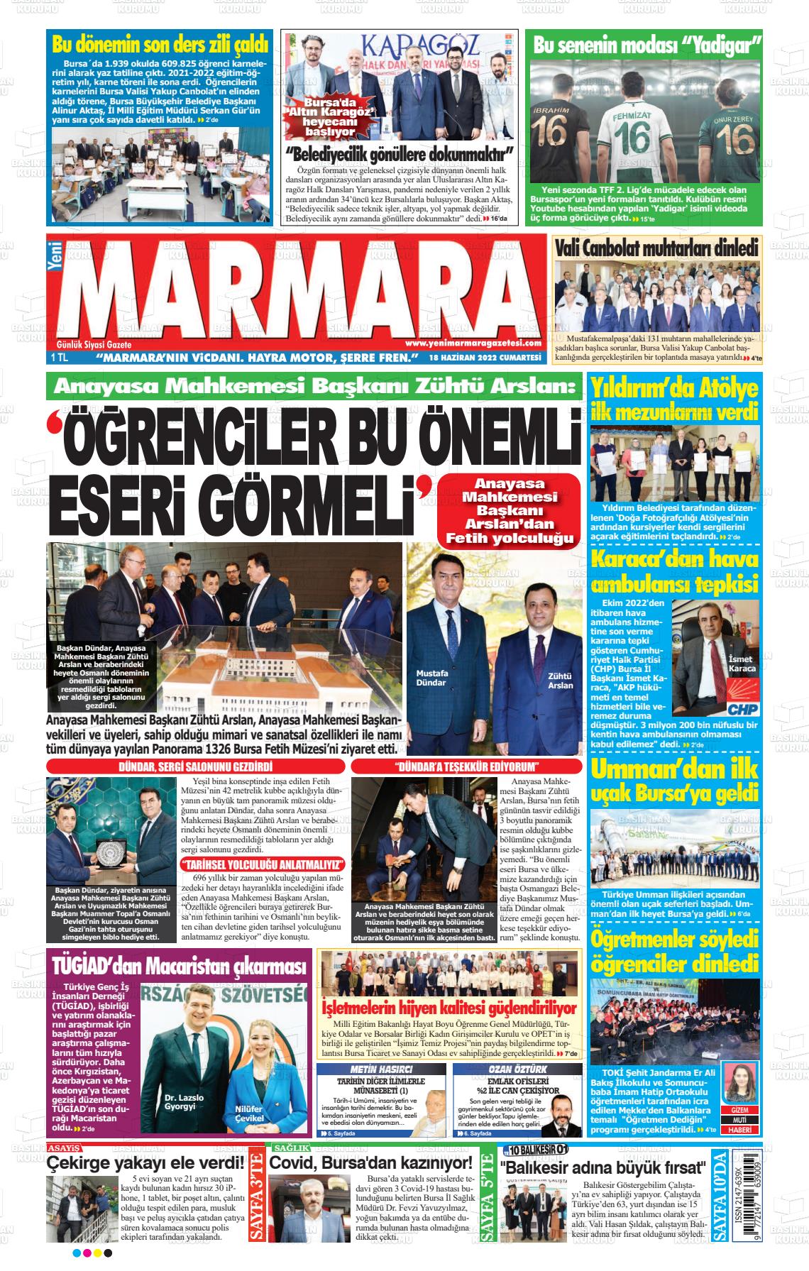 18 Haziran 2022 Yeni Marmara Gazete Manşeti