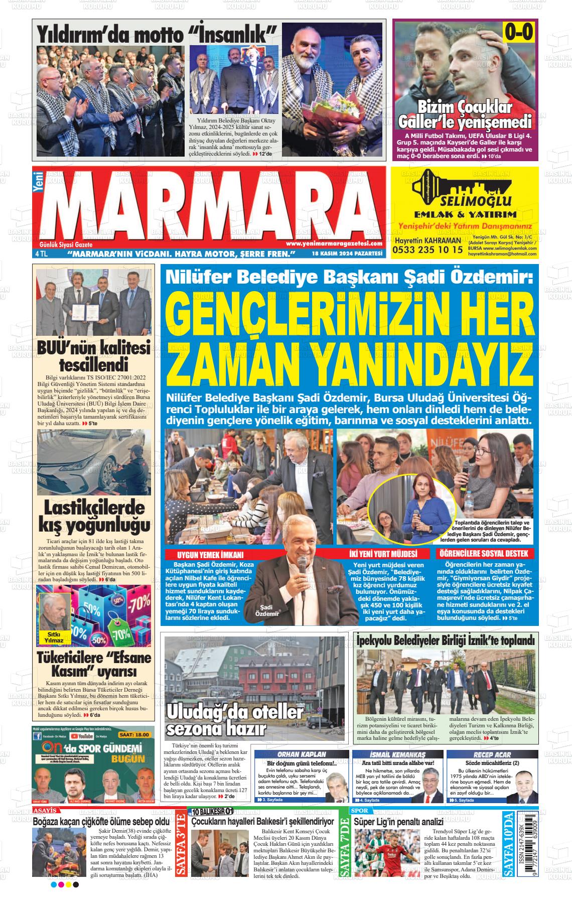 18 Kasım 2024 Yeni Marmara Gazete Manşeti