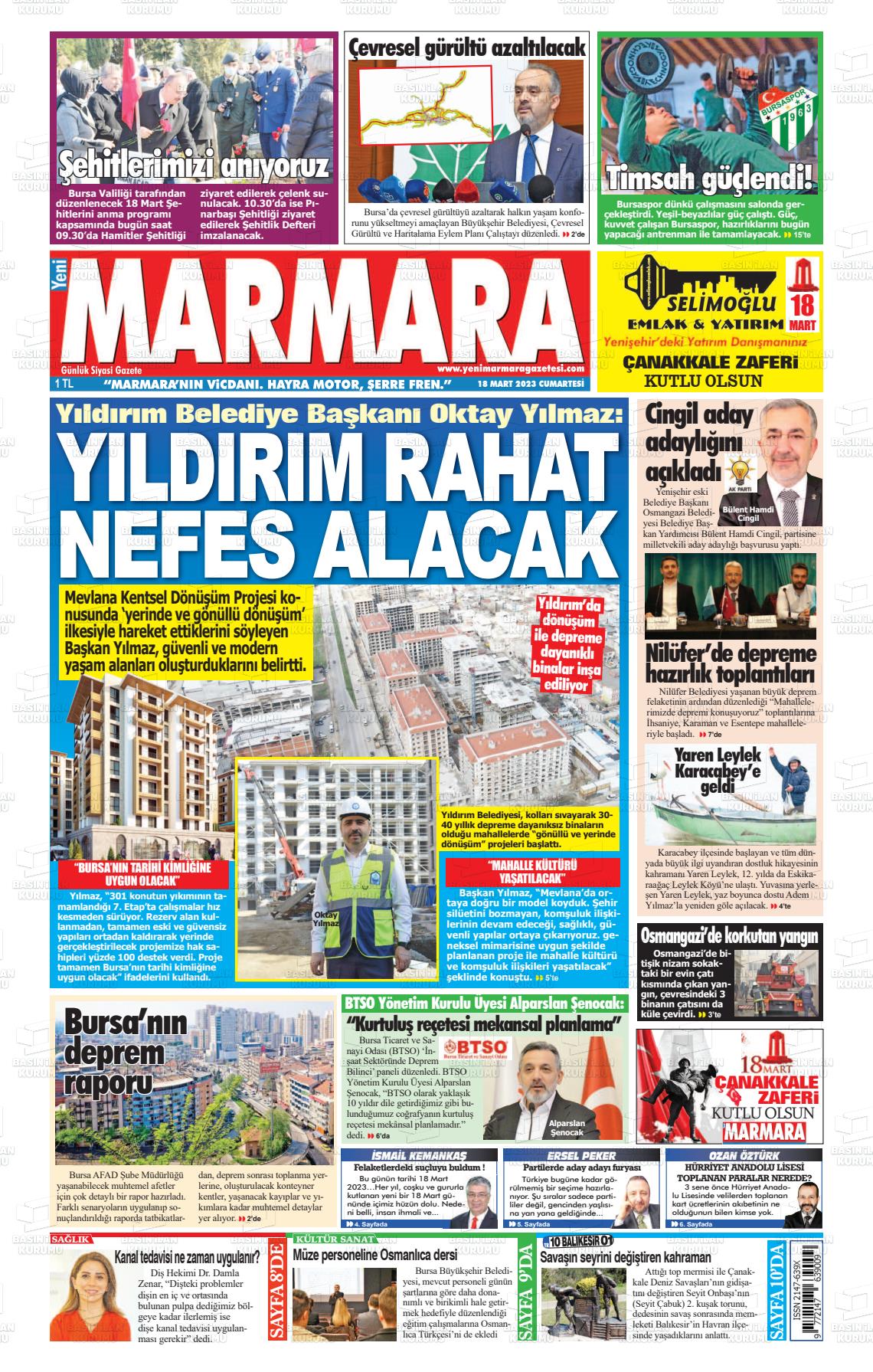 18 Mart 2023 Yeni Marmara Gazete Manşeti