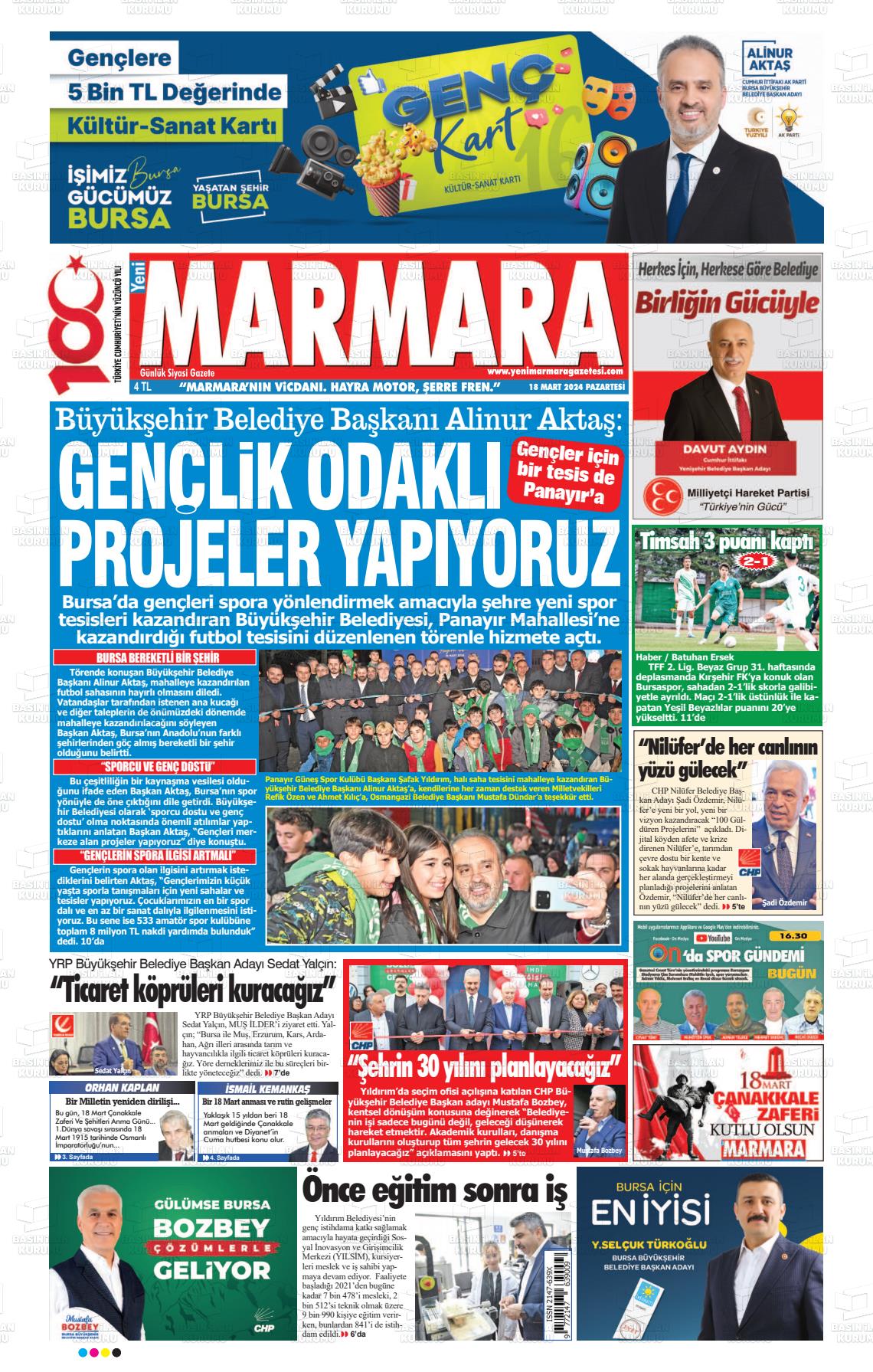 18 Mart 2024 Yeni Marmara Gazete Manşeti