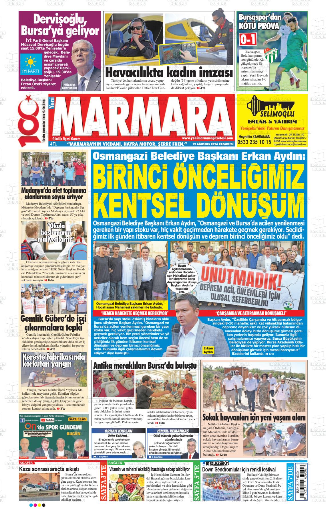 19 Ağustos 2024 Yeni Marmara Gazete Manşeti