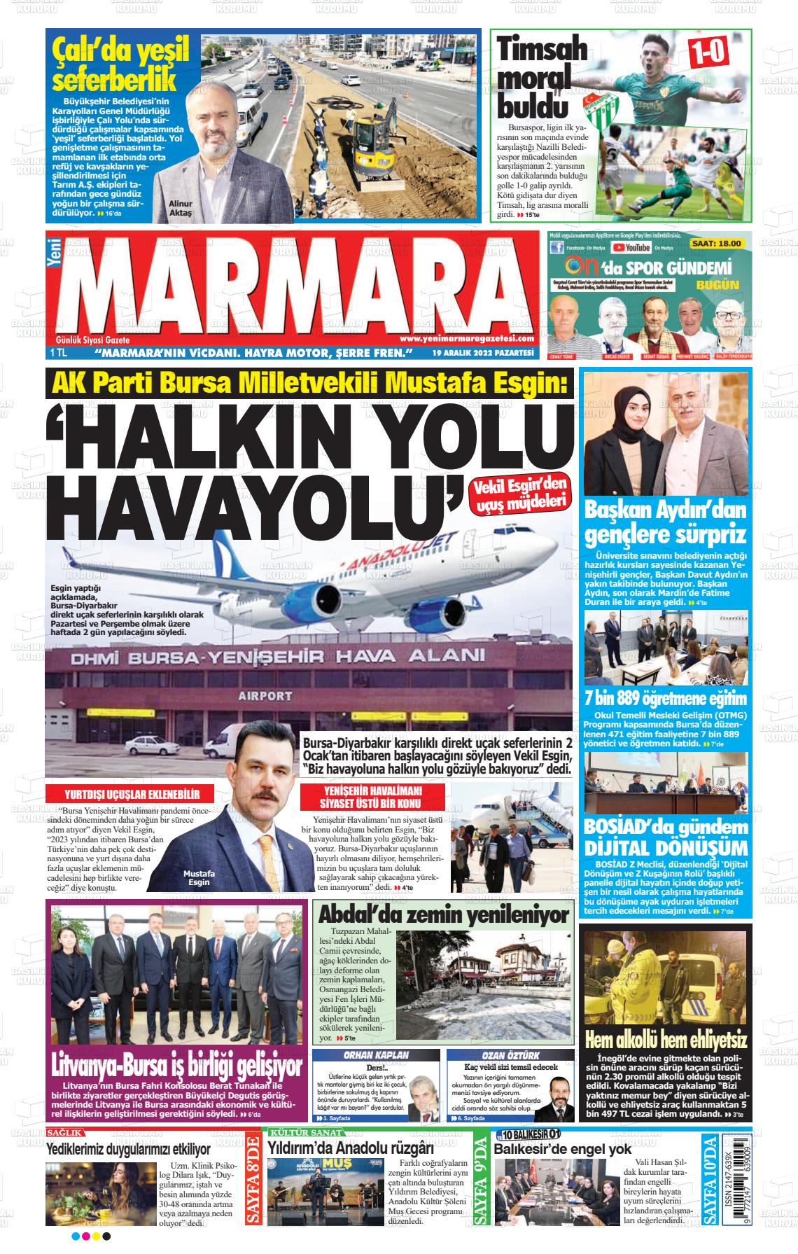 19 Aralık 2022 Yeni Marmara Gazete Manşeti