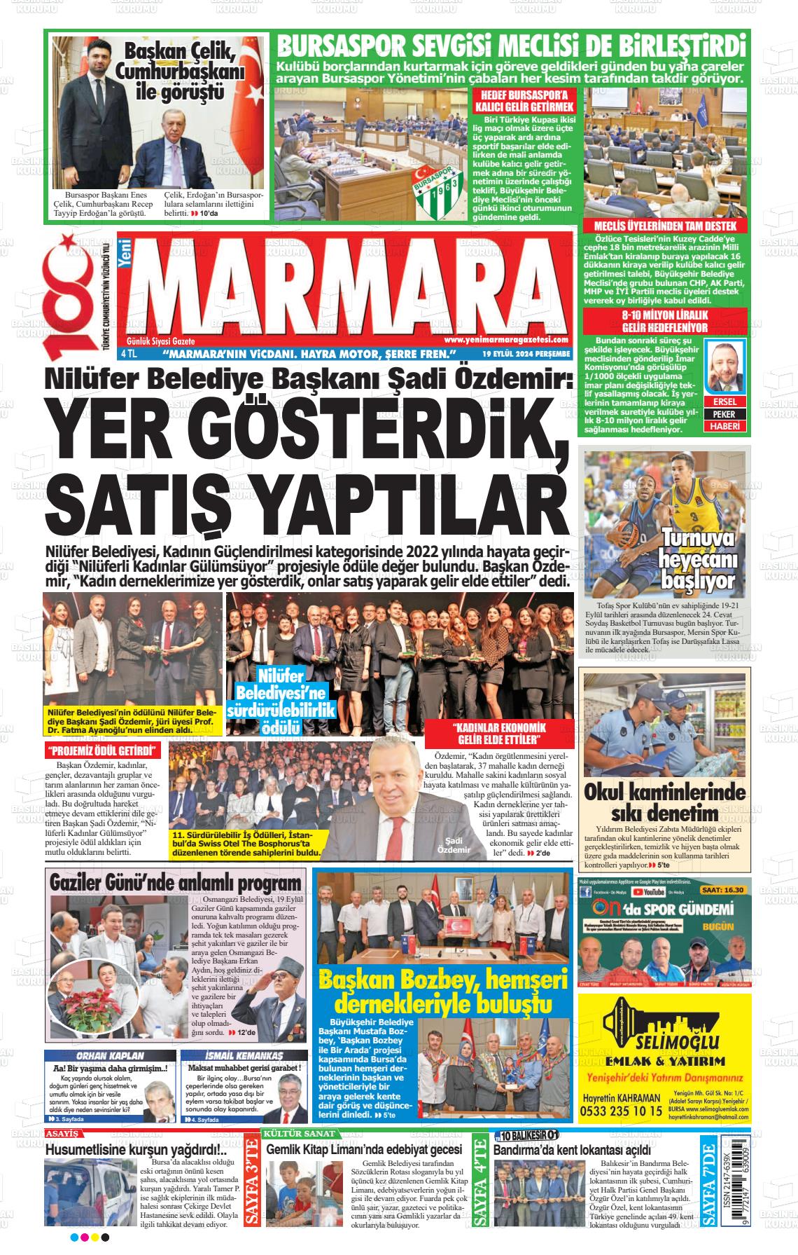 19 Eylül 2024 Yeni Marmara Gazete Manşeti