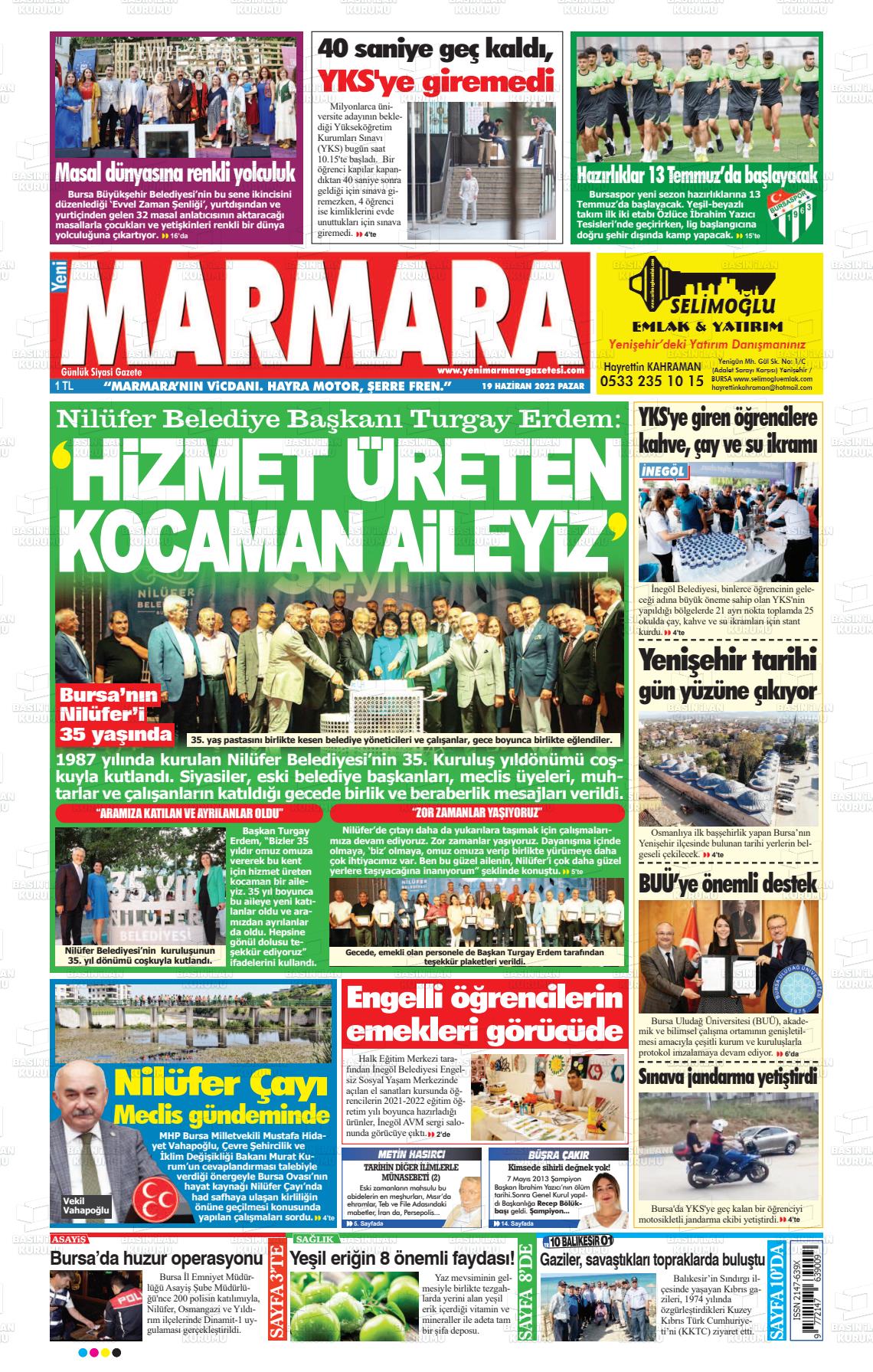 19 Haziran 2022 Yeni Marmara Gazete Manşeti